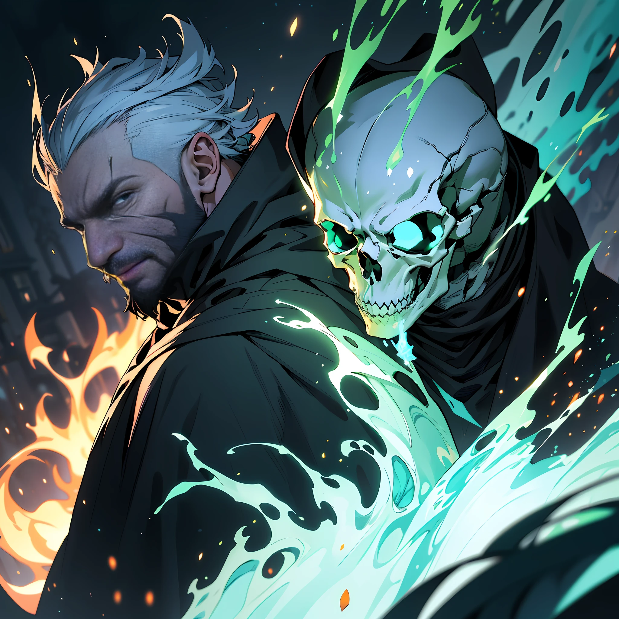 Best quality, masterpiece, ultra high res,detailed background,realistic,hadesstyle,solo,male,mature,bara,muscular,mature male,short hair,facial hair,wizard,necromancer,skull,green fire,horror \(theme\),dark fantasy,evil,cape,depth of field
