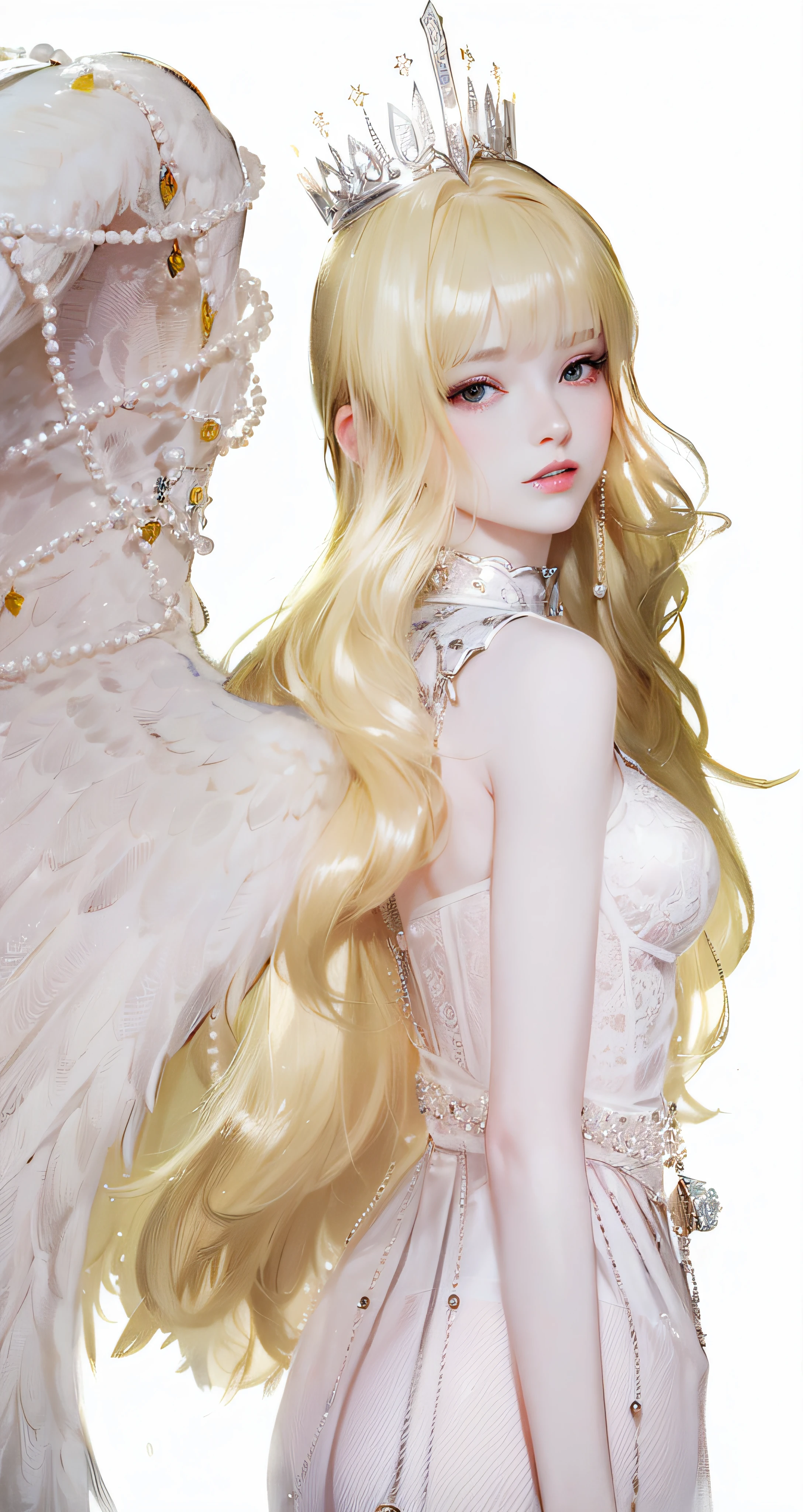 blond haired girl with white wings and pearls in a dress, angelical, of an beautiful angel girl, full - body majestic angel, ethereal wings, long glowing ethereal hair, beautiful angel, angelic, angelic wings, imvu, wearing angel, angelic face, of beautiful angel, ((a beautiful fantasy empress)), glowing angelic being, wearing angel halo, angelic purity --auto