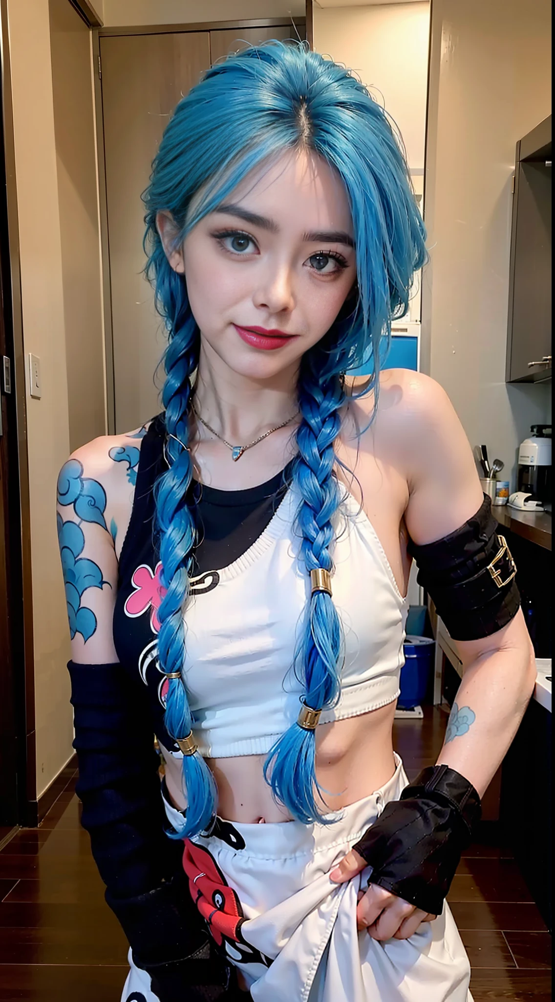 beatutiful face, sensual poses, standing alone, 1girls,Smile with, of the best quality, nmasterpiece,hair ornament, mitts,patte,blue hairs