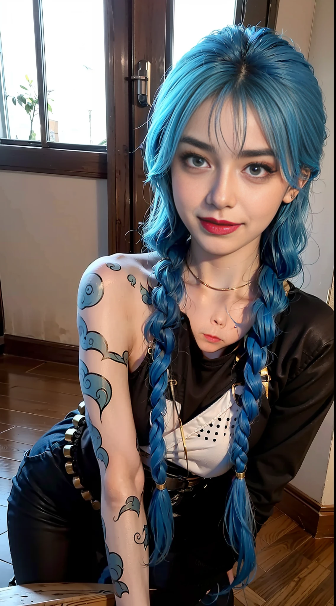 beatutiful face, sensual poses, standing alone, 1girls,Smile with, of the best quality, nmasterpiece,hair ornament, mitts,patte,blue hairs
