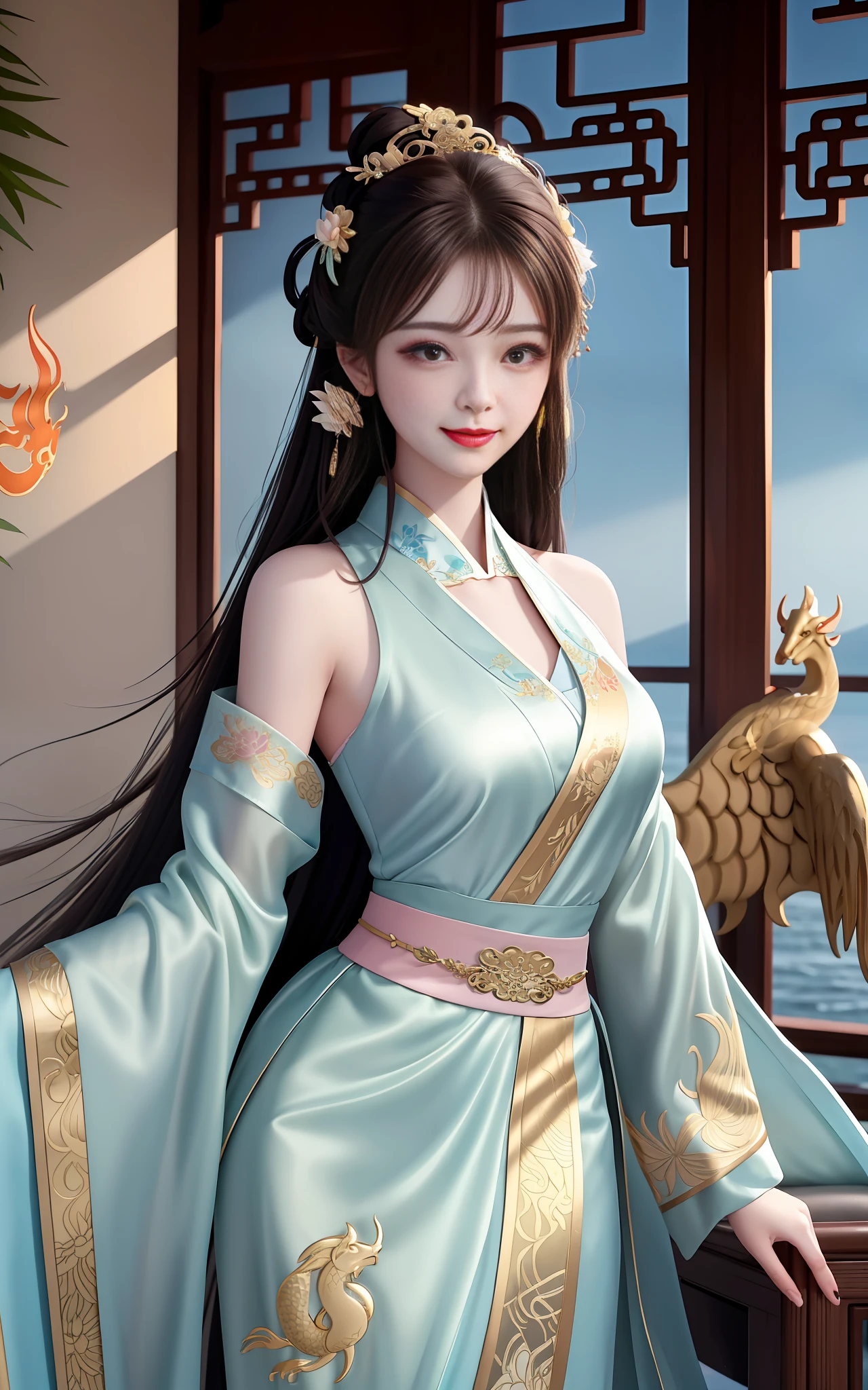 high detailes,8K分辨率,UltraHighResolution,The best picture quality beautiful girl,Peerless beauty,Extremely beautiful((Bamboo shoot-shaped chest)),(Chinese style ancient style black flowing hair with exquisite buns)Hair bangs,(Long flowing hair,With a bun:1.3)),Exquisite clavicle,beautiful make up,Delicate and perfect facial features,,Big watery eyes,Lying silkworm,Long eyelashes,The eyes are sweet and have eye shadow,Slim waist,Do not show your hands,,(((With a sweet smile on your face:1.3))),lipsticks,Blushlush,Delicate earring earrings,closeup of face,busts,(Wearing a high-necked translucent red tulle fairy dress(With exquisite embroidery,With a shirt with large sleeves,Bare shoulders:1.3)),Fresh and natural,Tranquil and beautiful,,(Facing the viewer),Extreme image quality,Highest accuracy,Close-up,forward leaning,dynamic angle。HighestQuality,nmasterpiece,A masterpiece,extreme hight detail,Delicate portrayal of facial features,(Delicate hair portrayal),(Delicate eye portrayal),Long hair with a gradient of white and blond,Delicate hairpins,(((White dragon horn))),((Luxurious tiara)),Exquisite Hanfu,((Overlapping clothes)),Heavy clothes,((Intricate red patterns on clothes)),Delicate green dragon on clothes,red-lips,Danfeng Eyes,eyelashs,((Valkyrie)),4K quality,Brilliant light and shadow,Tindal effect,(flowing long hair),((gold hairband)),Gorgeous scene,Side face,(Royal sister),((a throne)),((Ancient Chinese architecture)),((Majesty)),{nmasterpiece},{Beauty in period costume},(Splash ink),National style,(A beautiful girl like a lotus,long eyelash),((black color hair:1.01,Curvy body:1.02))(Splashed ink light lotus flowers,Jewel-like eyes with lotus pattern),((Phnom Penh Hanfu printed with lotus motif,Hairpins in the shape of lotuses)),(Cold face:0.6,gentleness:0.8),Exquisite five views,Ultra-high image quality,Ultra-high resolution,Exquisite line drawings,((A beautiful portrait of a person)),(((Do not show your hands)))Ancient wind,high detailes,8K分辨率,A masterpiece,Hig