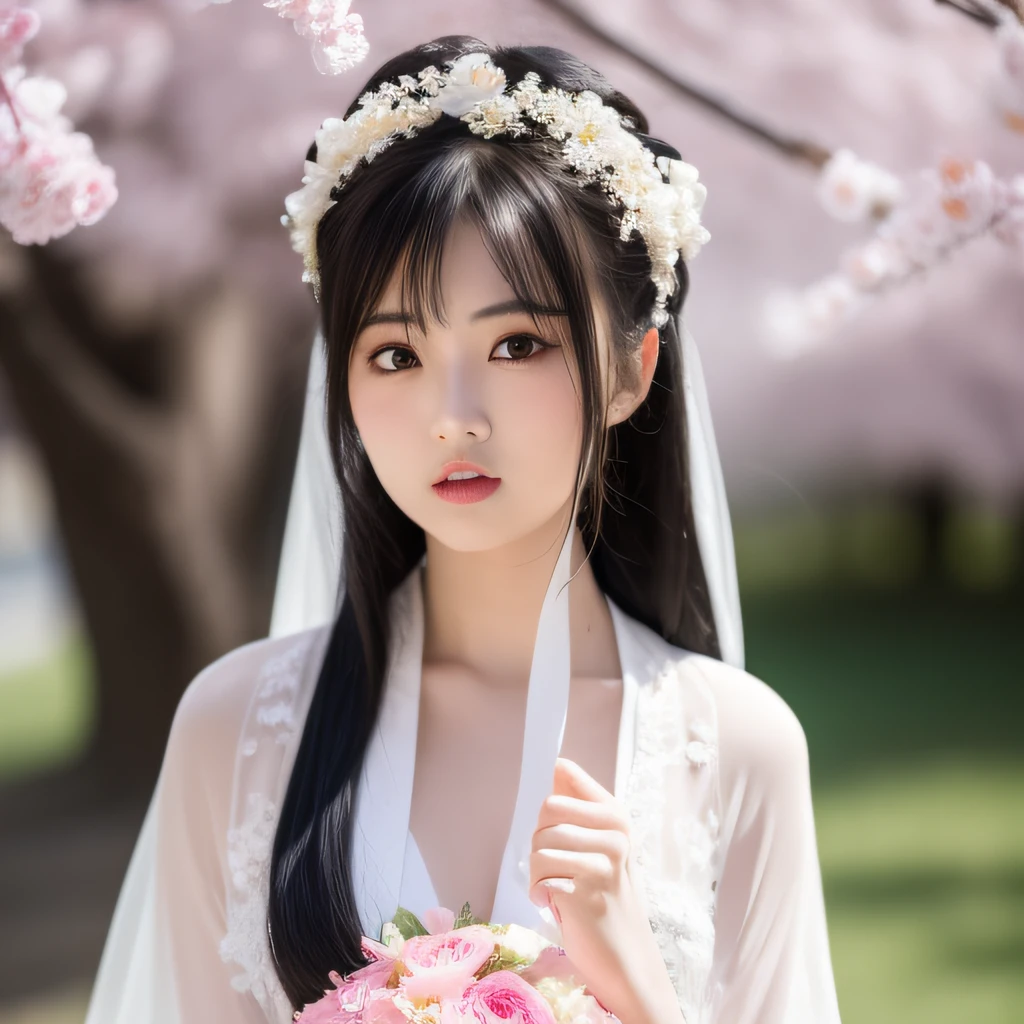 最佳质量，超高分辨率，（真实感：1.8），1girl，blue_sky，blurry，blurry_background，blurry_foreground，branch，bridal_veil，bride，cherry_blossoms，chinese_clothes，curtain_grab，窗帘，day，depth_of_field，flower，hanami，hanfu，lips，long_hair , outdoors, parted_lips, petals, pink_flower, pink_theme, plum_blossoms, shawl, solo, solo_focus, spring_\(season\), tree, upper_body, veil, wedding, wedding_dress, 紫藤花