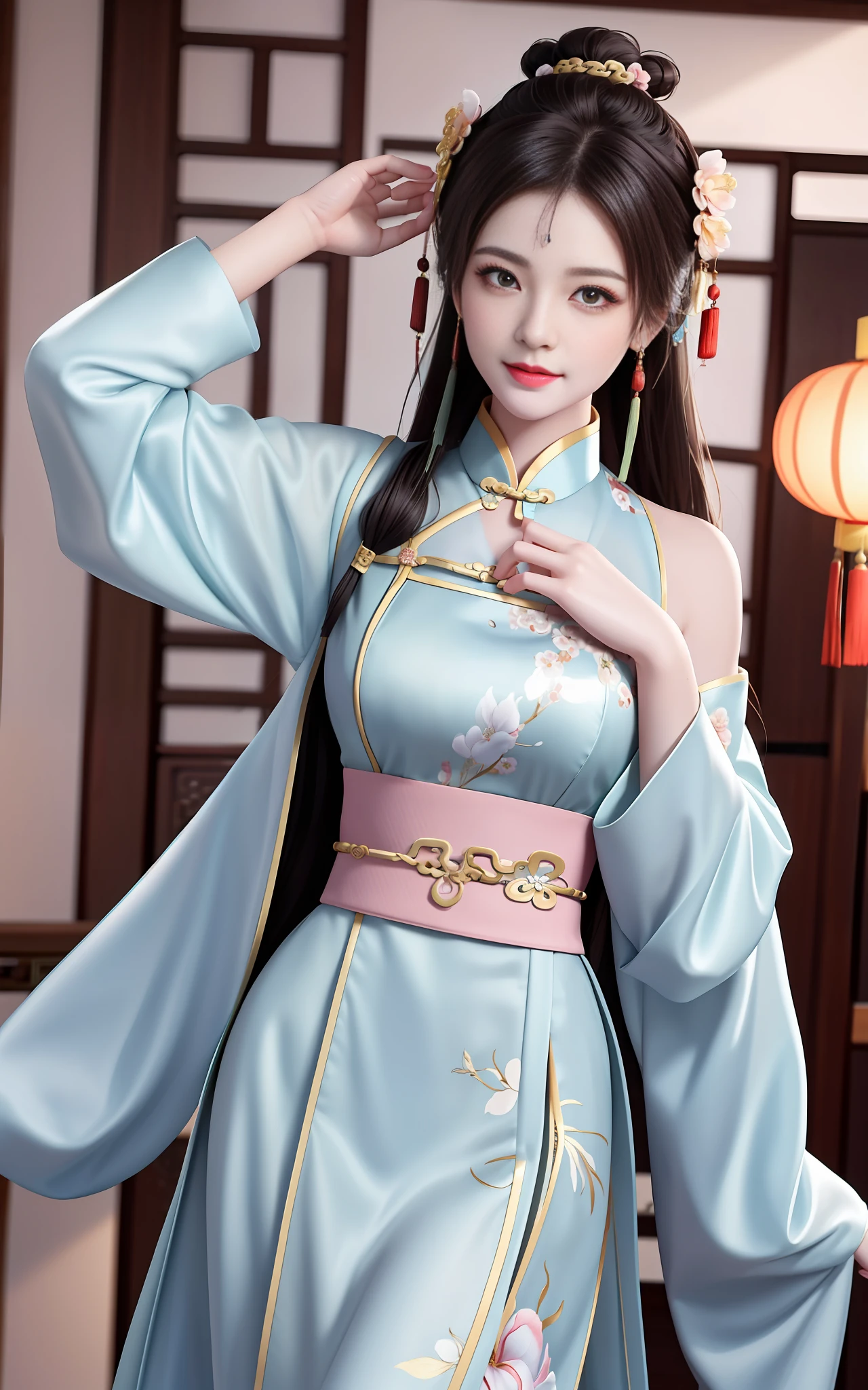 need,nmasterpiece,high resolucion,1girls,Blushlush,(Seductive smile:0.8),starpupil,Chinese shoulder suction red Hanfu,hair ornament,gargantilha,trinkets,beautiflyface,On_body,Tindal effect,extremely lifelike,Shadow room,Light edges,Two-tone lighting，（High Detail Skins：1.2），8K  UHD，Slr，softlighting，highly quality，Volumetriclighting，Candid camera，The photograph，high resolucion，4K，8K，Antique bust photo in the background: A girl about 22 years old，Perfect composition，Precise and perfect human anatomy，Golden ratio creation，Surreal and realistic。Detailed skin details，fair white skin，with shiny skin，Creamy glowing skin，Skin that is white and red。Exquisite depiction of facial features，Perfect makeup，Detailed depiction of the face，Clean and flawless face。A sweet smile，Smile without showing your teeth。Extremely detailed depiction of hair，Long black hair，Hair coiled，Tying Up Hair，High bun，The wind blew away the hair。Eyebrows upturned，long eyelash，双眼皮。Affectionate eyes，big bright eyes，Sweet with lying silkworms。High nose bridge。Thin lips，Pink lip gloss，Straight teeth。Exquisite clavicle。Delicate pendant，耳环。Perfect tall figure，Get it all together，Long legs and thin waist，Skinny beauty，Can't be too thin。Straight chest，medium boobs。Keep your head up and your chest up，Look ahead，Face the lens，stand。Ancient architectural background(((Chinese style new Chinese ink floral dress)))，half body photo
