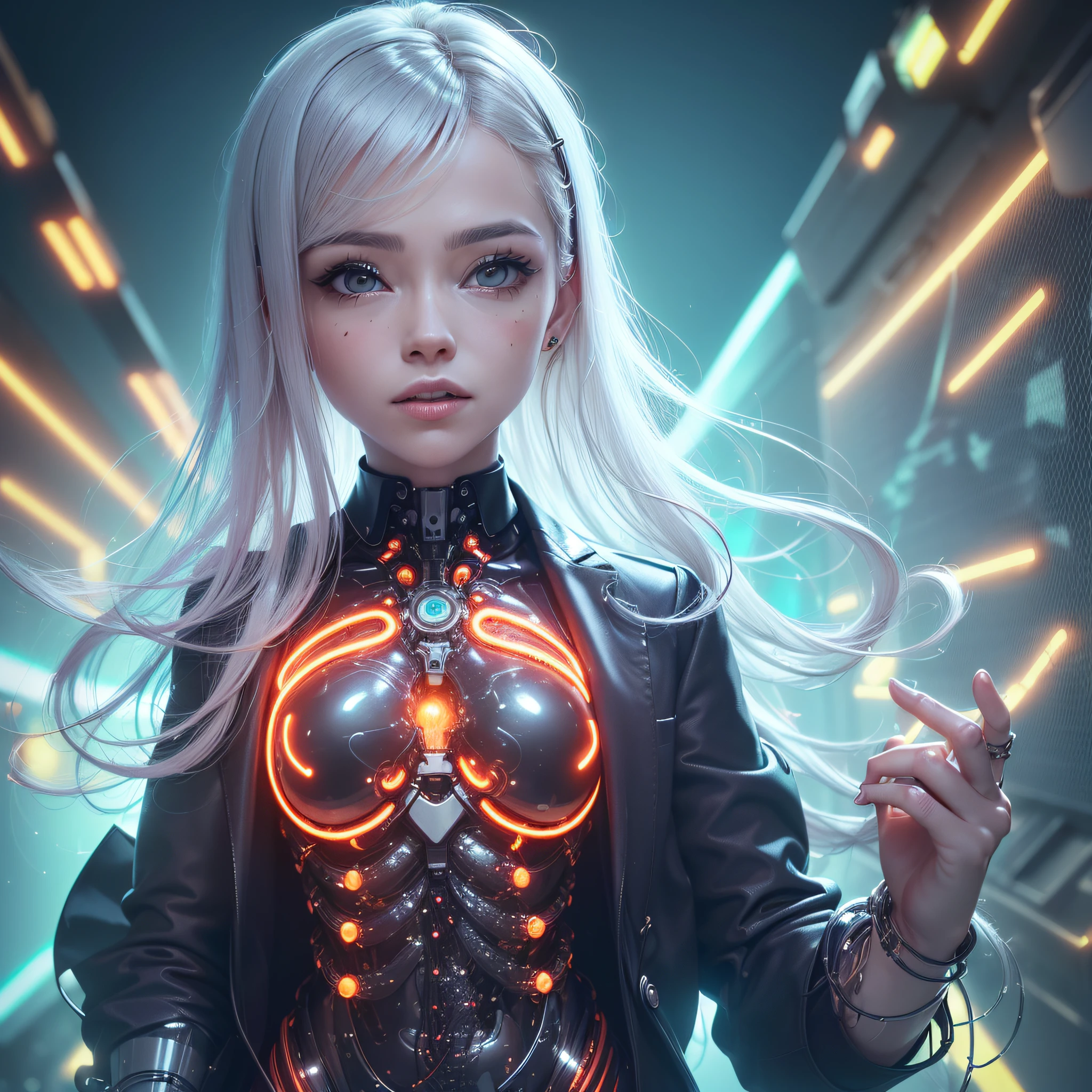((corpo inteiro):1.5), {((apenas uma mulher))}, is wearing {((translucent mechanical skin:1.4, with several intricate neon threads))}, olhos azuis com brilho intenso, cabelo branco logo, cidade futurista, clima de noite com luz do luar
