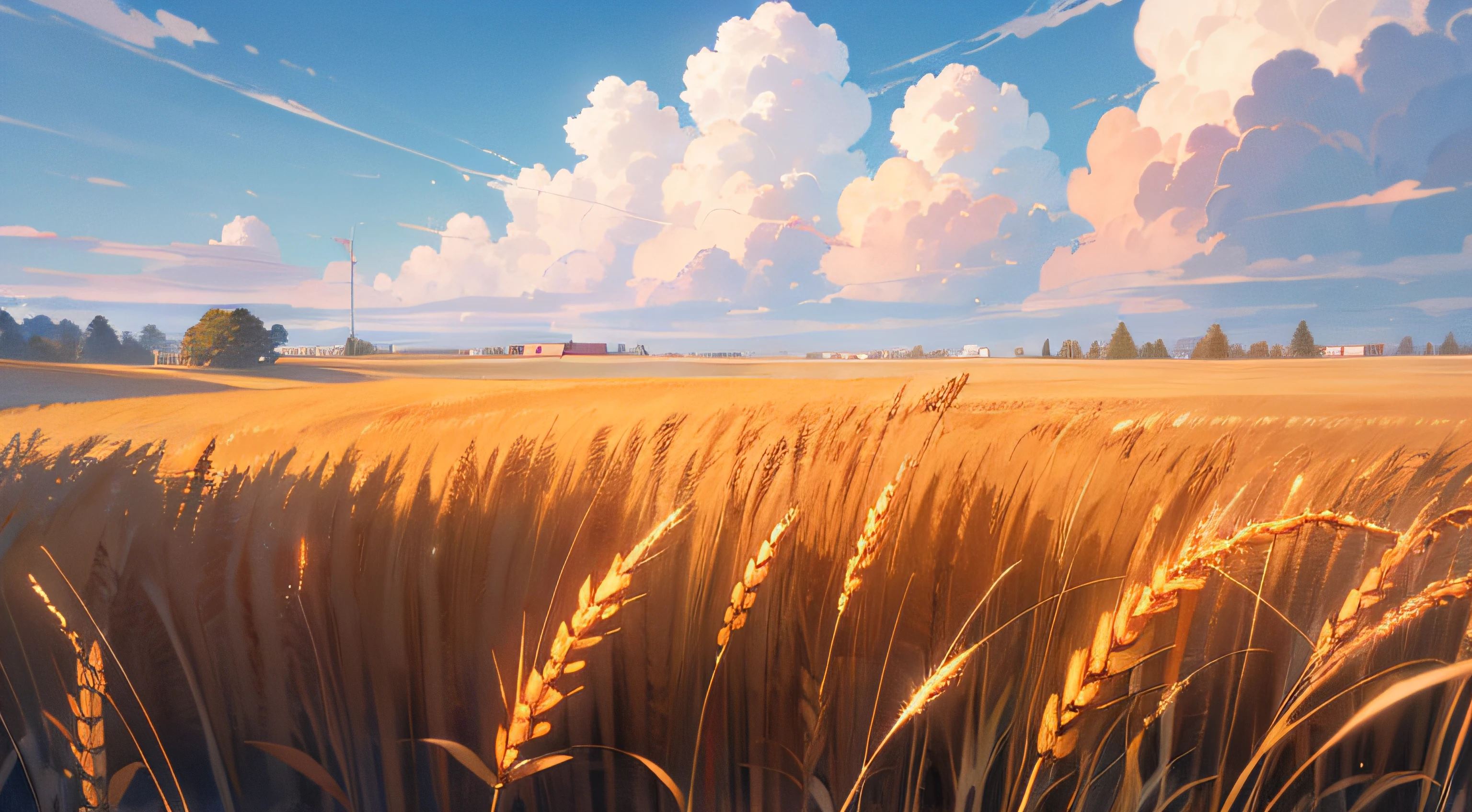 scenecy,blue sky with white clouds,A large field of golden wheat,(nmasterpiece,high-definition,最佳质量,high resolucion),trichotomy,Still --auto