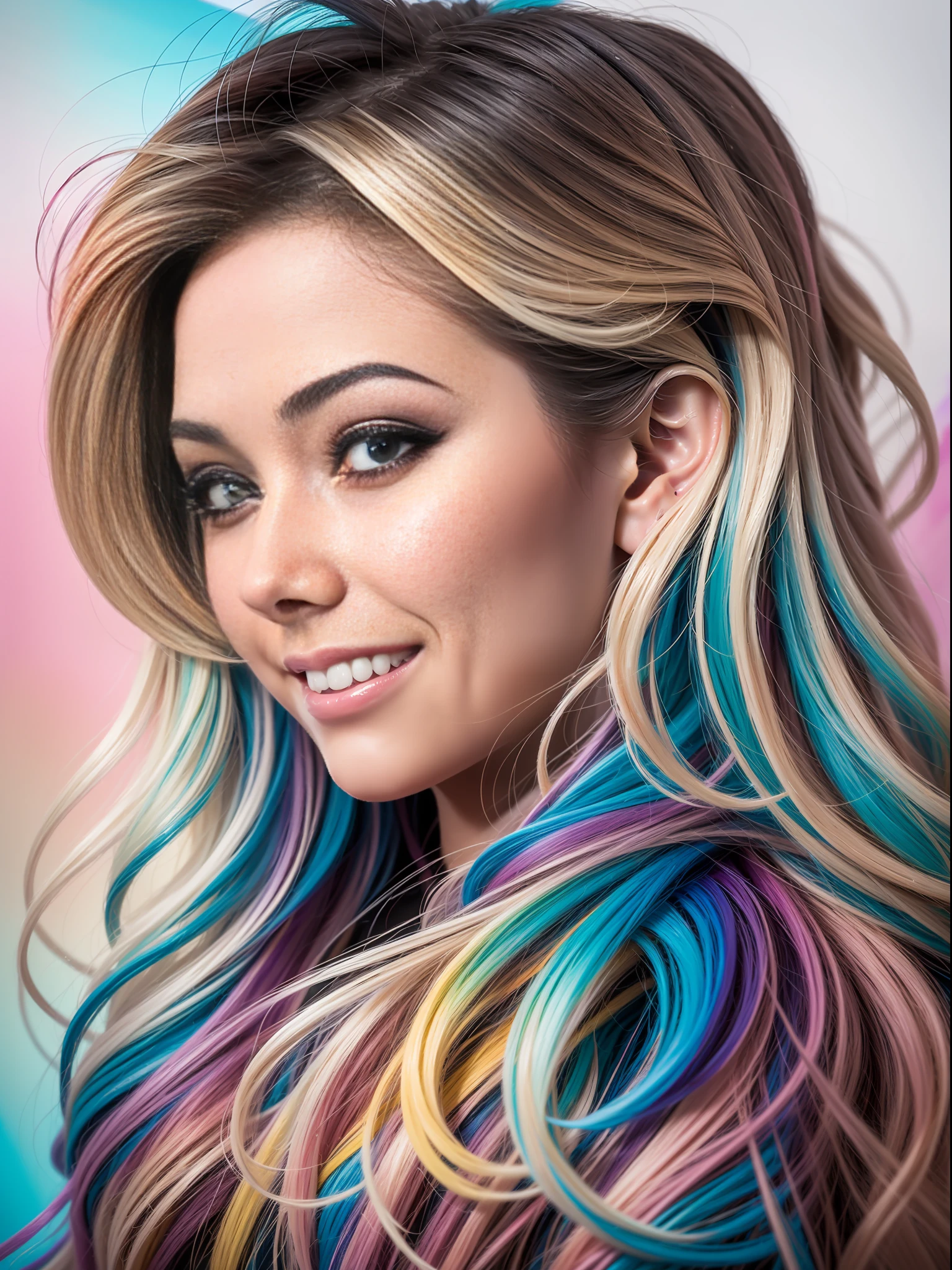 Uma foto de uma jovem com um sorriso contagiante, her hair stylized in a vibrant rainbow ombre. Ela usa um top divertido fora do ombro adornado com lantejoulas coloridas e penas. The background shows a wall covered in graphite with splashes of neon tones, complementing its lively energy and creating an atmosphere of urban vibrancy.