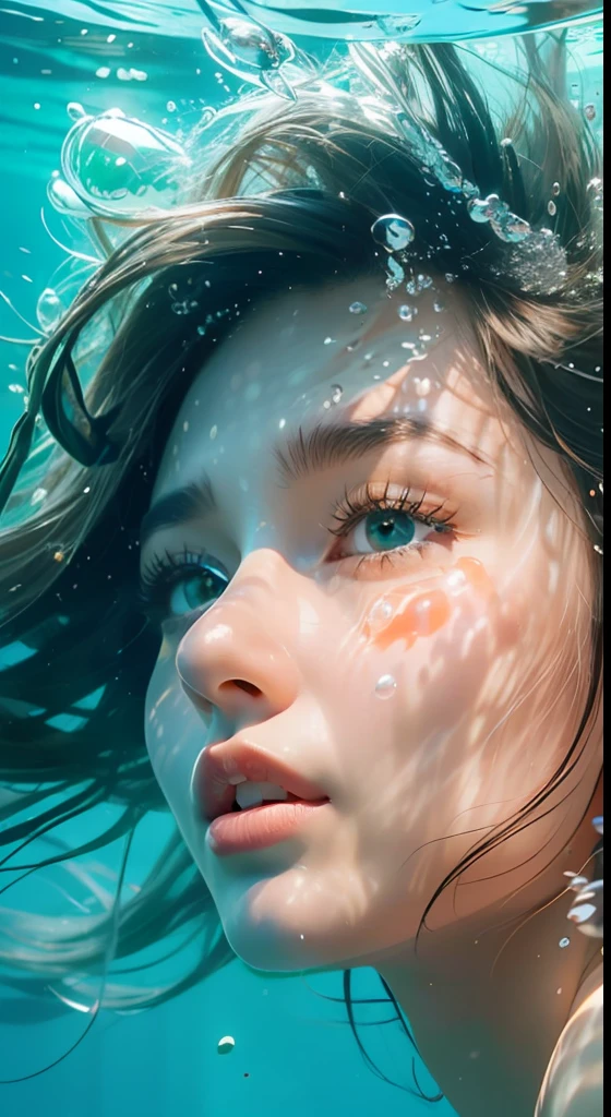 A close up of a woman swimming under water with a frizbee - SeaArt AI
