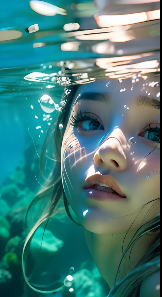 There is a woman that is under water with a cell phone - SeaArt AI