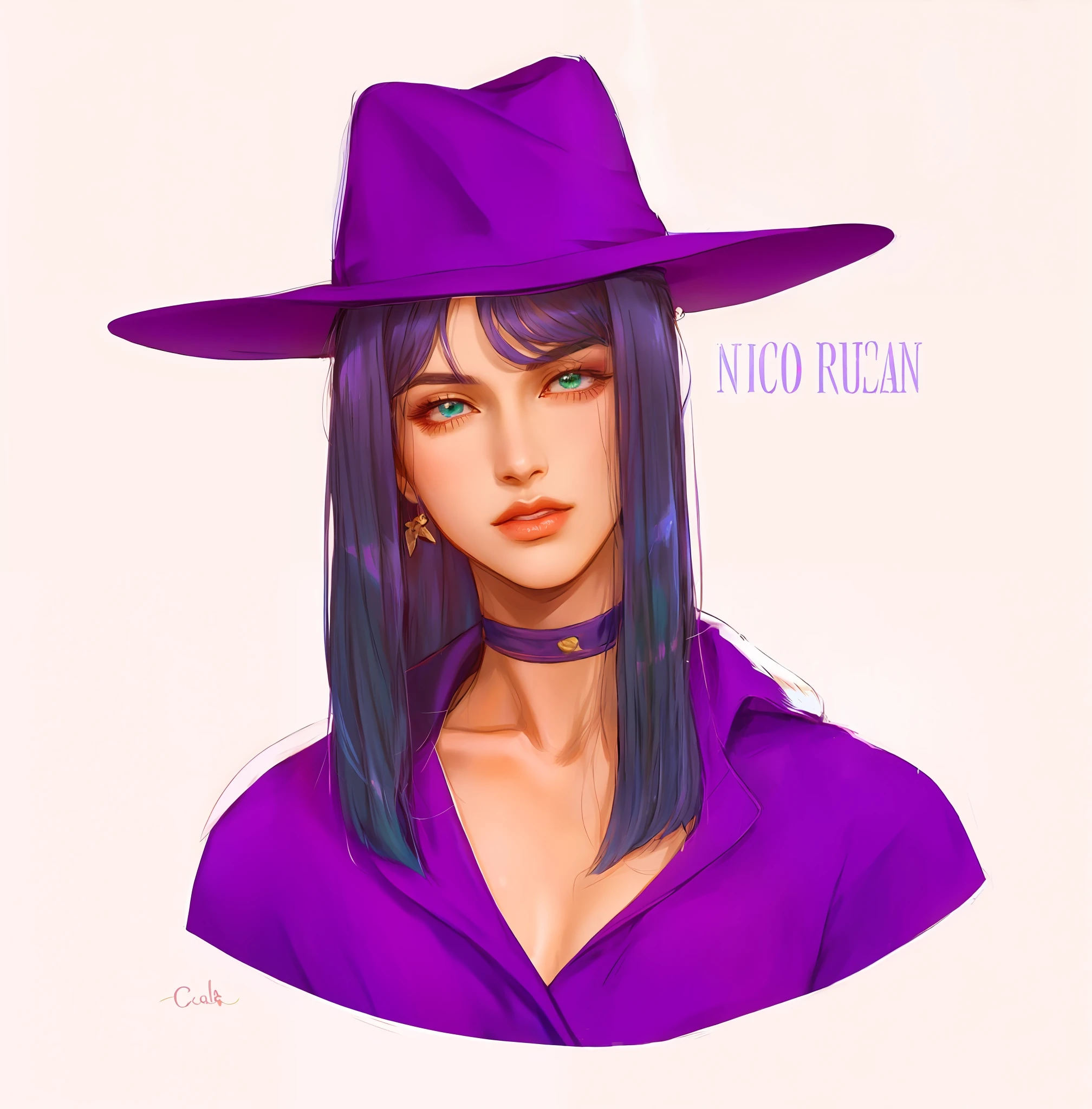 a drawing of a woman with a purple hat and purple shirt, Nico Robin, Anime estilo Jojo, rica aquarela, caleb from critical role, vibrant fan art, Posando de personagem JoJo, delicate androgynous prince, beautiful androgynous prince, tordo, 9 0 s estilo de arte anime, colorful sketch, personagem estilo anime, Fanart oficial