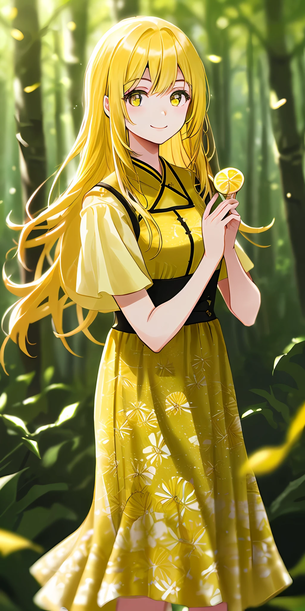 (A masterpice、of the best quality、8K)、One girl with long yellow hair and a refreshing smile standing in western forest surrounded by trees、Warm lighting、Yellow lemon print dress、Blurred foreground