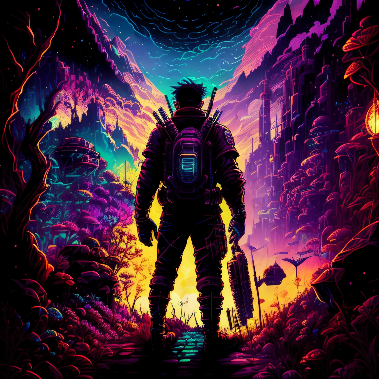 Image of a man in an Austronaut outfit standing in a fantasy landscape, inspirado em Dan Mumford, sci-fi digital art illustration, Dan Mumford. 8K octane rendering, Nenhuma arte estilo Dan Mumford, aventura ousada sci fi, No Dan Mumford Art Style, epic fantasy sci fi illustration, colorful dystopian futurism, Anton Fadeev como Dan Mumford