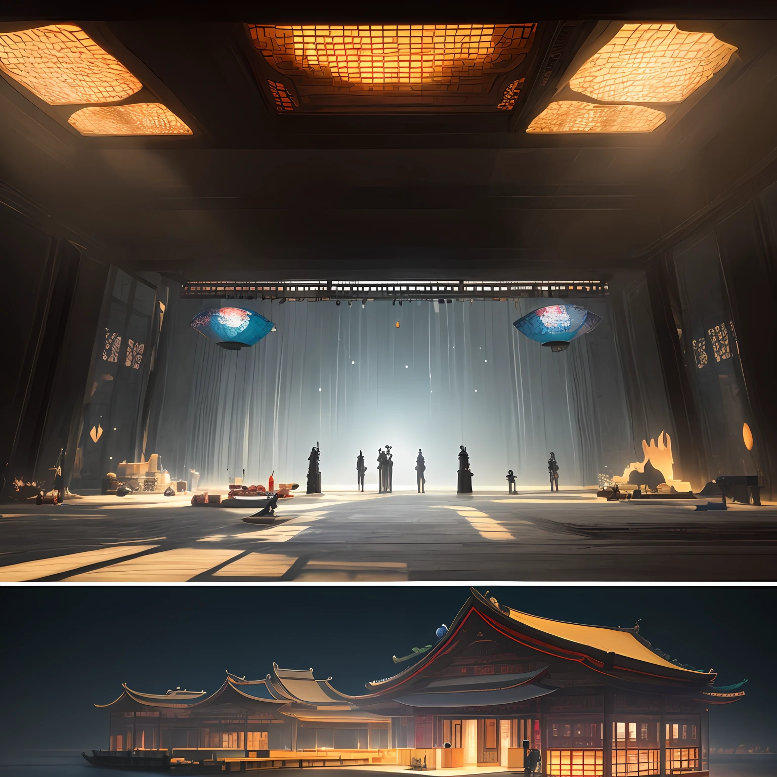 Stage 3D renderings,Drama《Zhao orphan》,Tragic overtones,black backdrop,Chinese style elements,Immersive performances,There is no human,Space concept art,Spring and Autumn period installation。 --auto