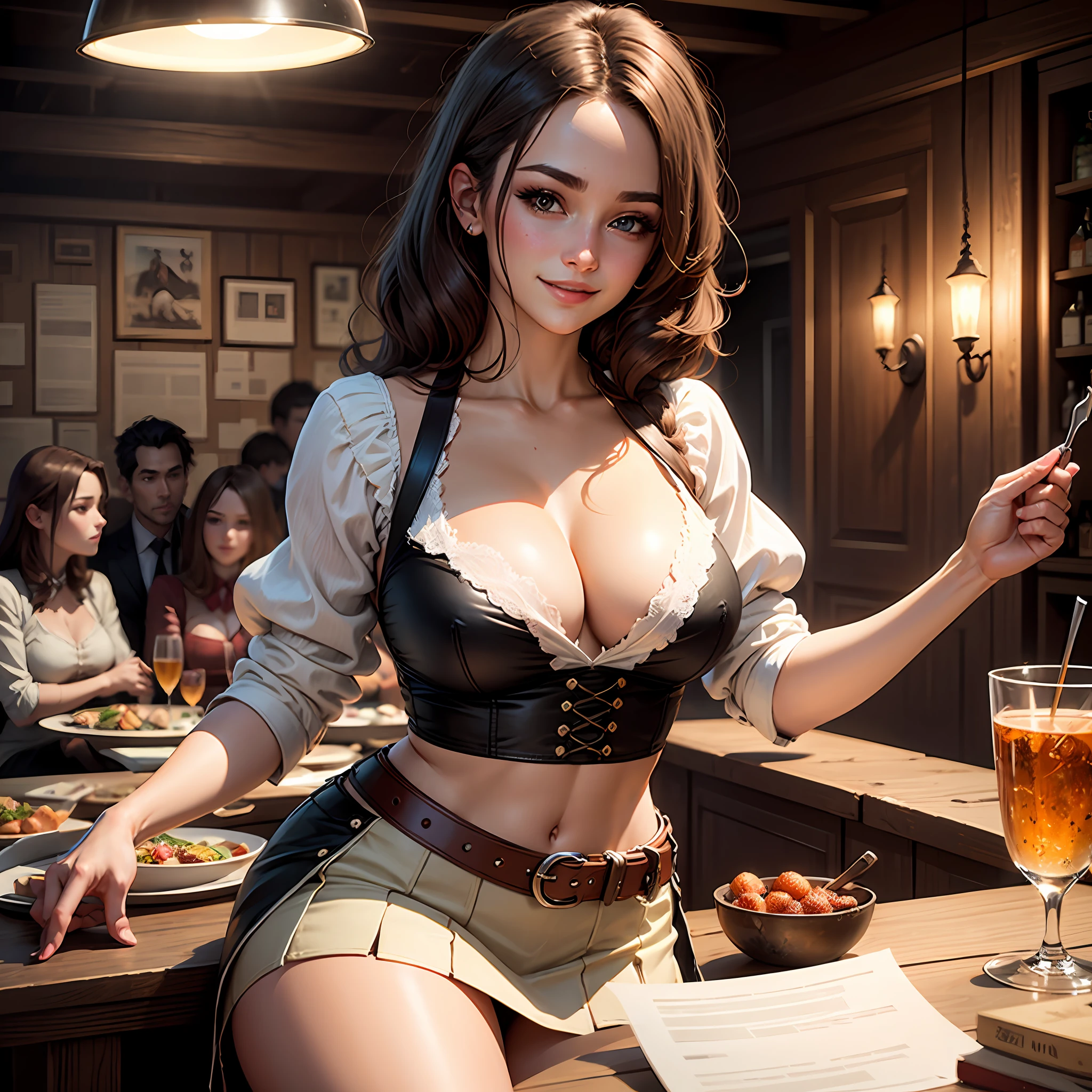 High quality realistic Anime style, high definition high quality realistic, shaded, photorealism, Ray tracing, 8k, uhd, masterpiece, young and beautiful girl, brown hair and eyes, light make-up, full smile and a cherish expression, medieval bartender, medieval style short skirt white shirt with a revealing appron, large breasts, in a tavern crowded with adventurers --auto