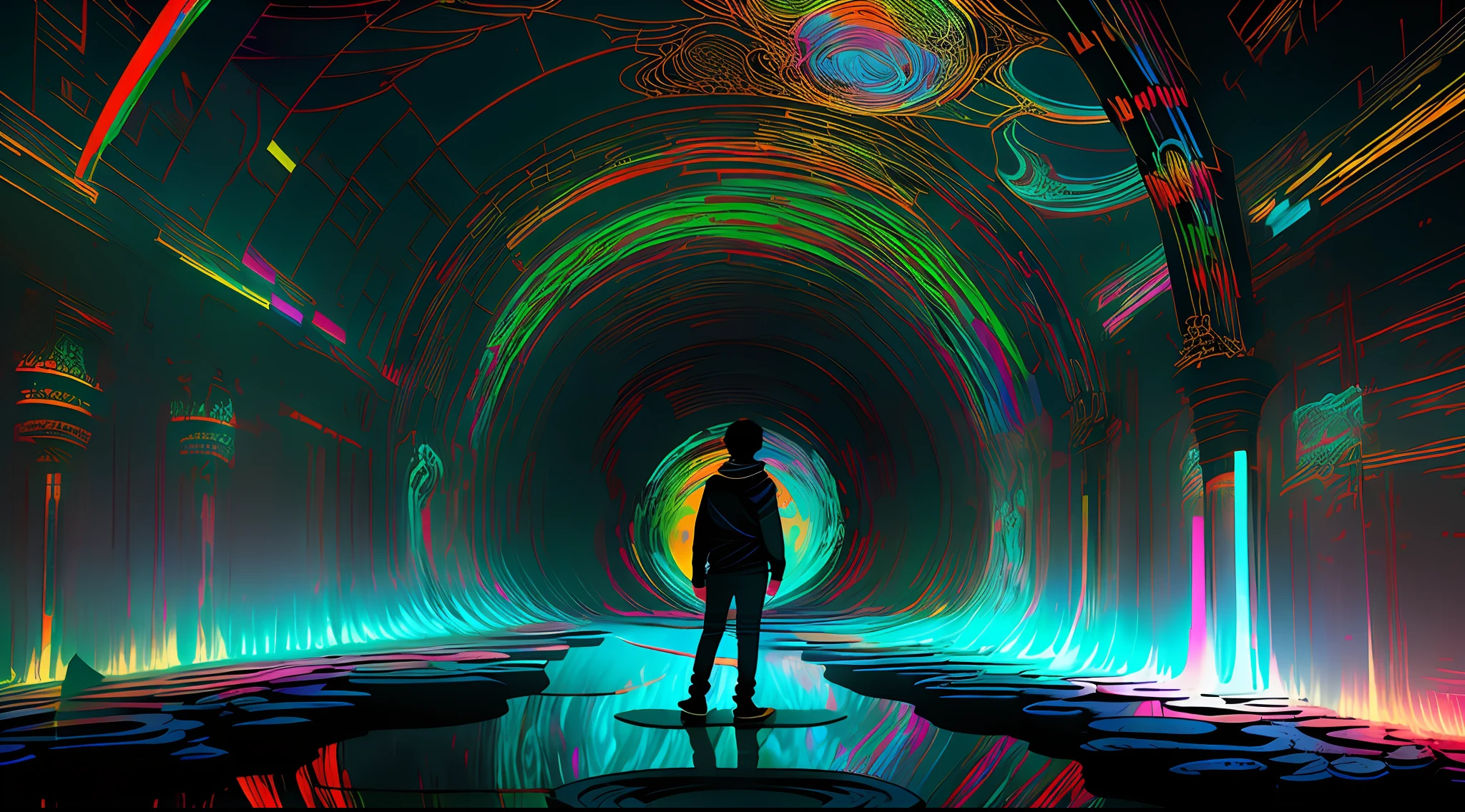 arafed image of a man standing in a tunnel of colored lights, interactive art, teamlab, colorful projections, magical colors and atmosphere, psychedelic lighting, magical colours and atmosphere, psychedelic aesthetic, intricate rainbow environment, colourful light, colorful light, colorful detailed projections, psychedelic vibrant colors, light art, magic crystal bridge colorfully, a psychedelic experience, colorful art