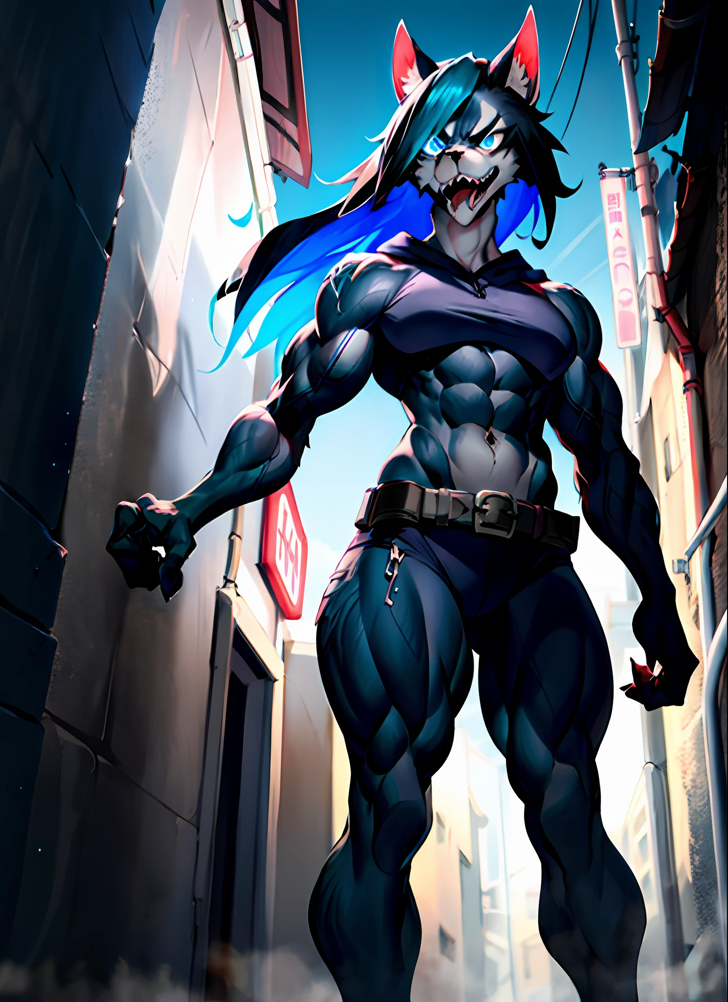 Solo, female, standing, detailed hands, detailed eyes, by Bonifasko, canine, black fur, black body, angry, snarling, glaring, sharp teeth, light blue hair, dark blue eyes, alleyway, night, glowing eyes, dramatic lighting, muscular, view from below, looking at viewer, drooling