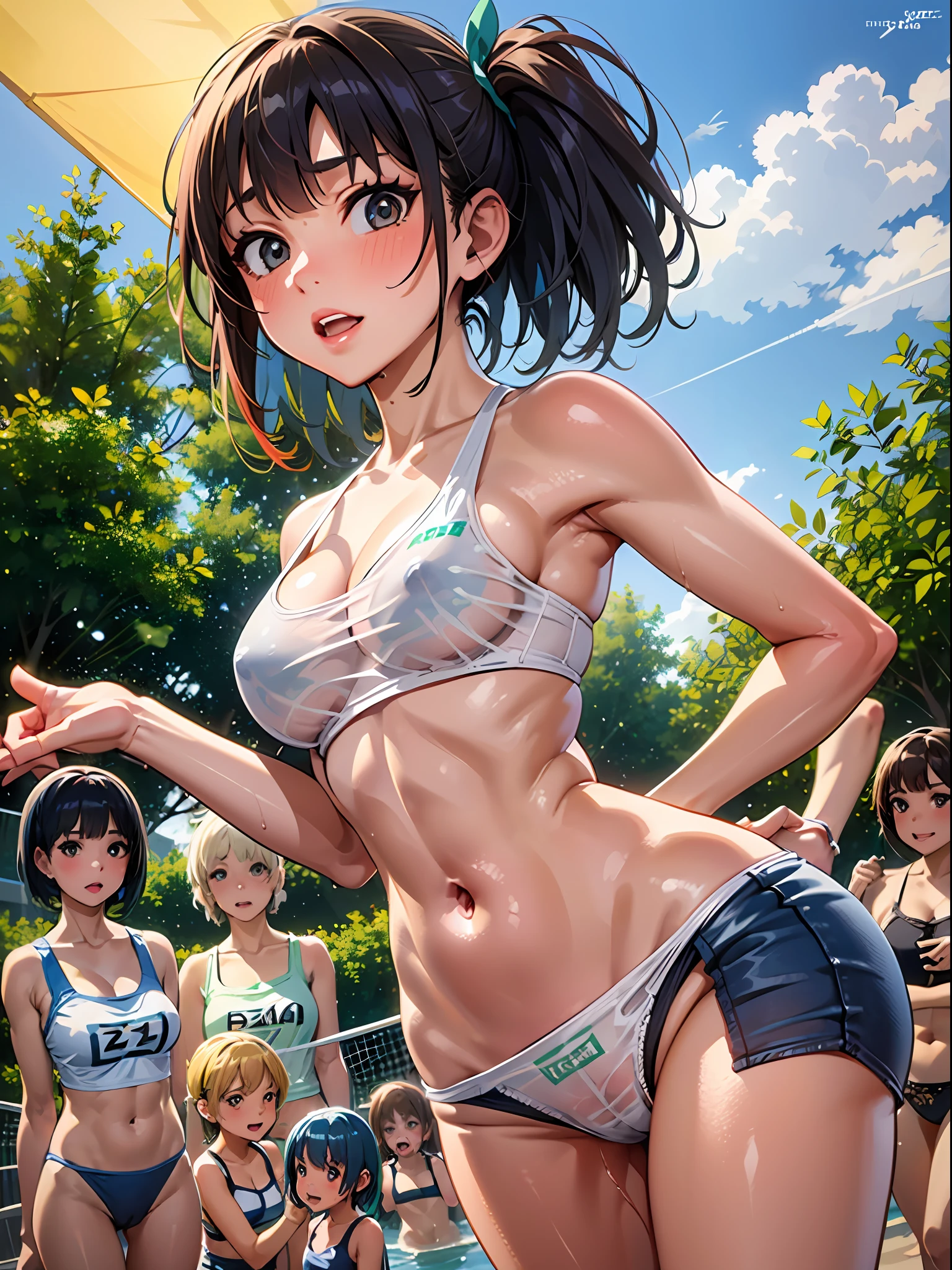 NSFW, (4+girls:1.5), (alternate athlete swimsuit pool), tanned skin, dark tanned skin, oil, abs:1.4, line up, girls playing beach volley, beach volley ball, net, masterpiece, top quality, ultra high definition, highest resolution, very detailed, professional lighting, clean skin, CG illustration, slender, very cute, young face, cleavage, lower breast, wet body, (breasts out:1.4), black hair, blue hair, red hair, blonde hair, green hair, blue and black hair, short hair, pixie haircut, semi-long hair, hair ribbon, blush, navel, from below, wet body, (breasts out: 1.4), (plastic bag 1.2), transparent swimsuit, beach, (wind: 1.3), girls playing behind, showing ass