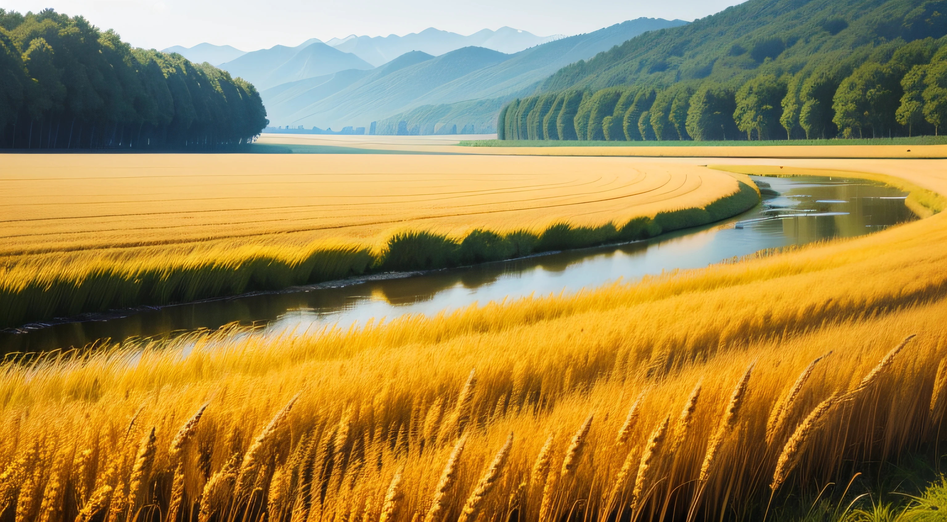 A large neat wheat field,Idyllic、wheat field ,scenic view,the Sun Shining,There are rivers and streams --auto