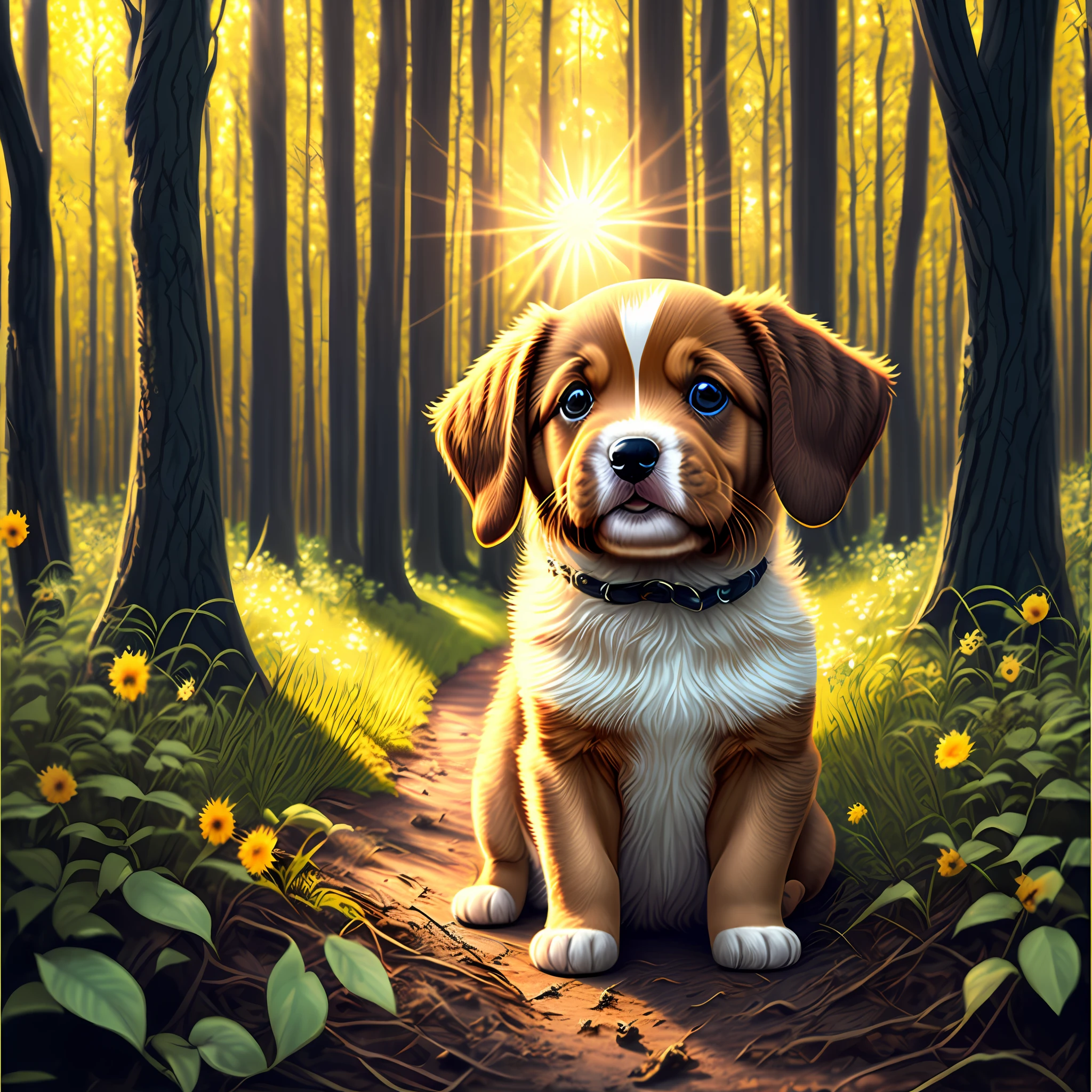 Puppy, the sun shines into the woods, happy, clear in detail --auto