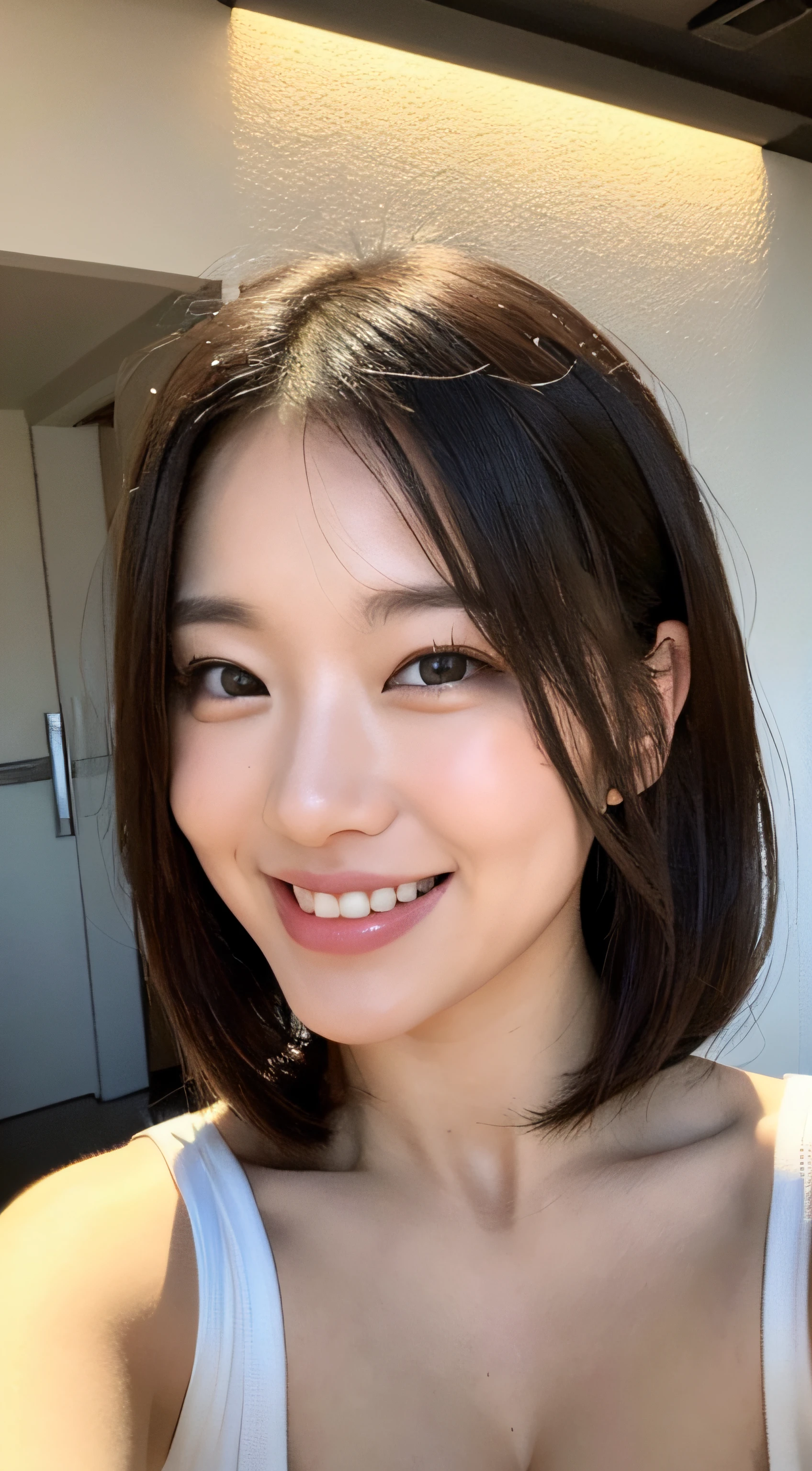 best quality, looking at the camera, 29-year-old girl, casual hairstyle, crop top, smile, exposed cleavage, ultra-detailed face, big breast