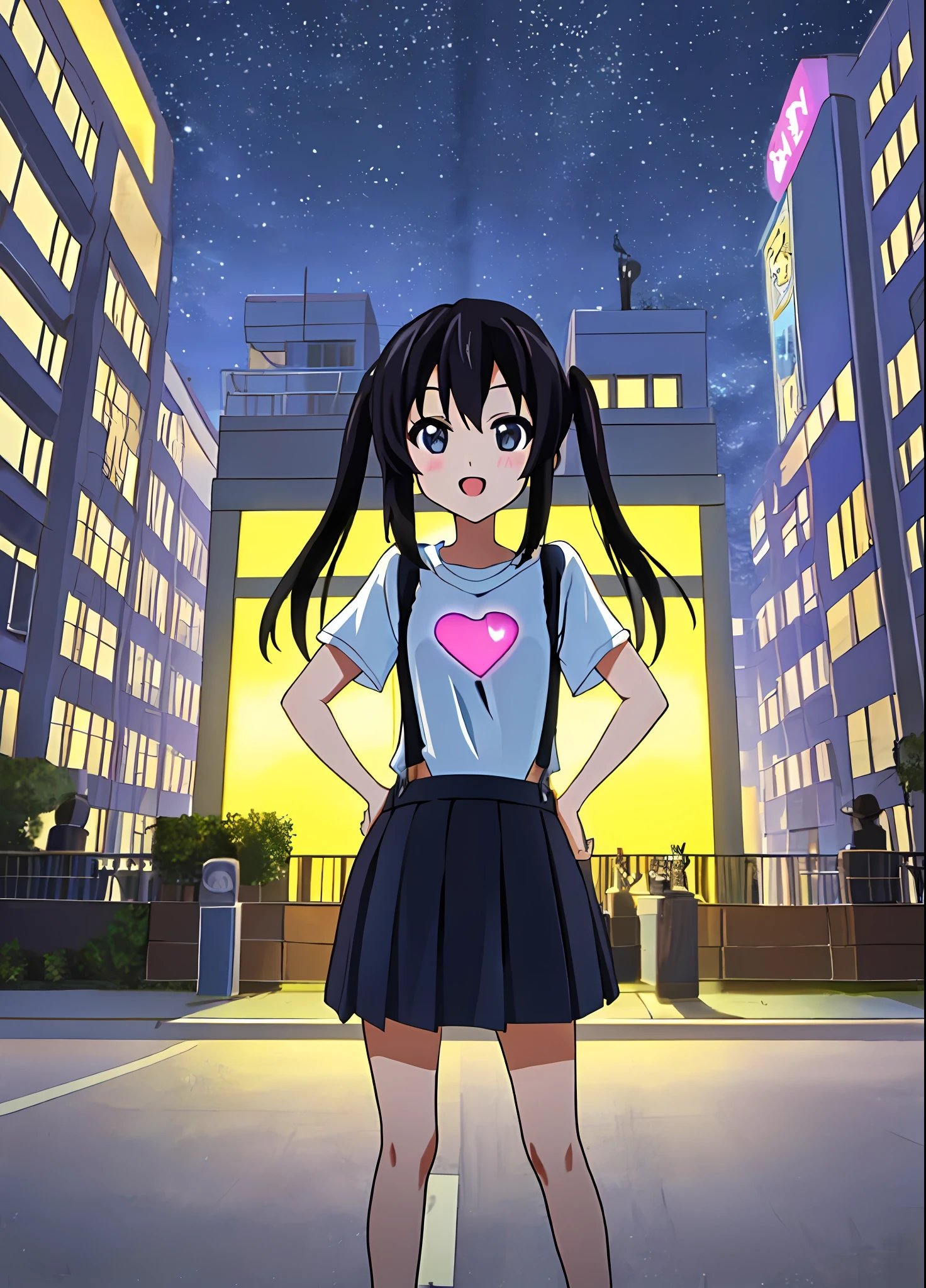 {{{nakano_azusa }}}},{},twintails, suspenders.white t-shirts.skirt.long hair.black hair.(((masterpiece))).(((best quality))).)((ultra-detailed))).(((illustration))).(((night view))).(((put your hands on your hips))).(((Heart on chest))).open mouth.make a fist.slight smile.