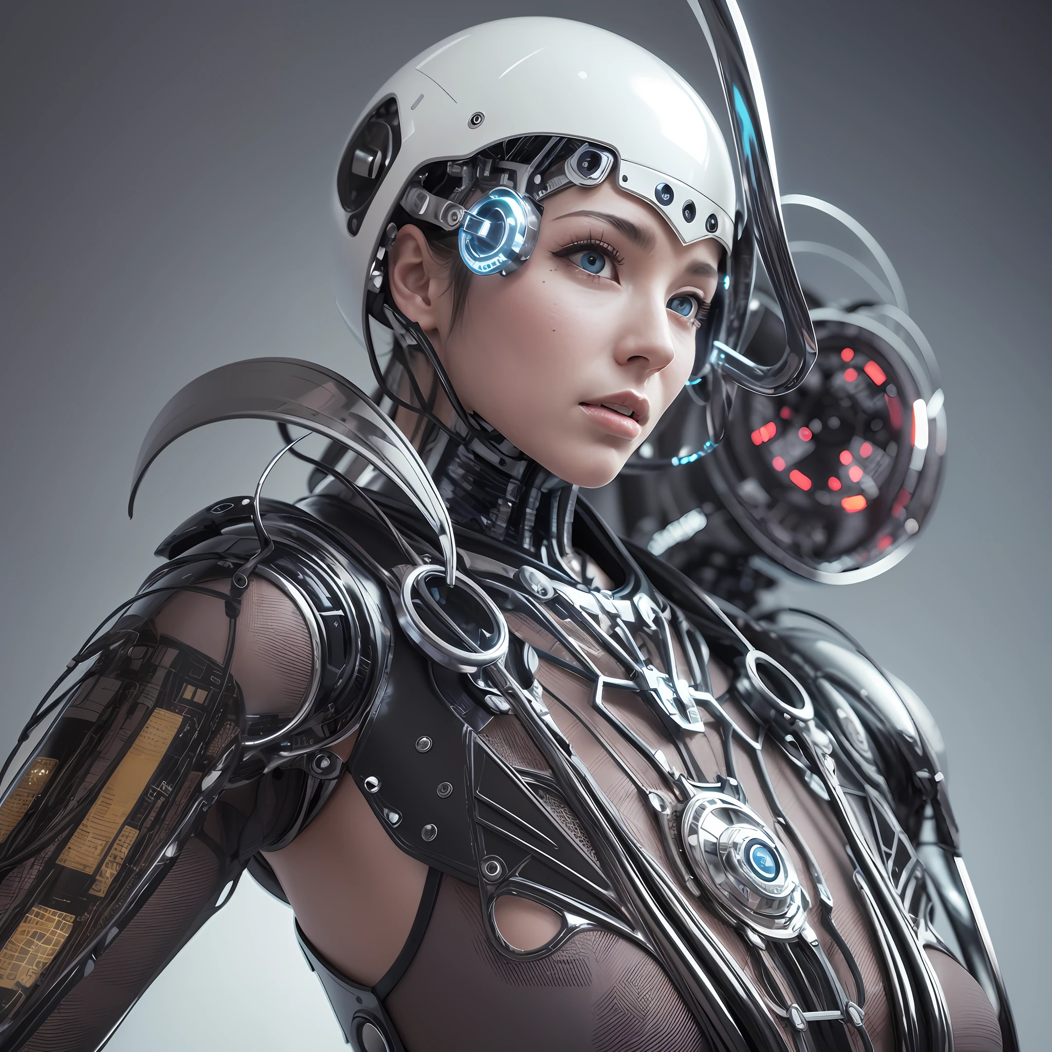 Complex 3d rendering ultra detailed beautiful porcelain profile female android face, cyborg, robot parts, call center, agent, telephone answering, VERINT logo, 150mm, beautiful studio soft light, rim light, vivid details, gorgeous cyberpunk, lace, surrealistic, anatomical, facial muscles, cable wire, microchip, elegant, Beautiful background, octane rendering, HR giger style, 8k, top quality, masterpiece, illustration, very delicate and beautiful, highly detailed, CG, unity, wallpaper, (realistic, photorealistic: 1.37), wonderful, finely detailed, masterpiece, highest quality, official art, highly detailed CG unity 8k wallpaper, absurd, incredibly absurd, robot, silver Halmet, full body, sitting --auto --s2