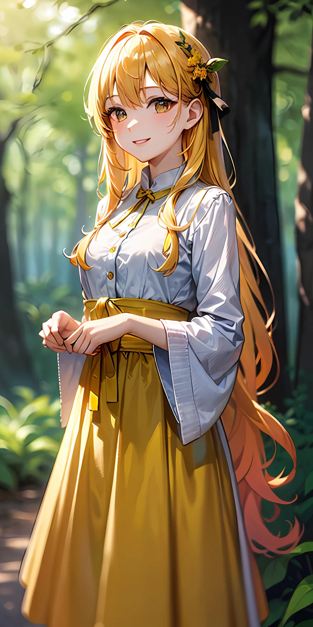 (A masterpice、of the best quality、8K)、One girl with long yellow hair and a refreshing smile standing in western forest surrounded by trees、Warm lighting、Dress with yellow lemon painting、Blurred foreground