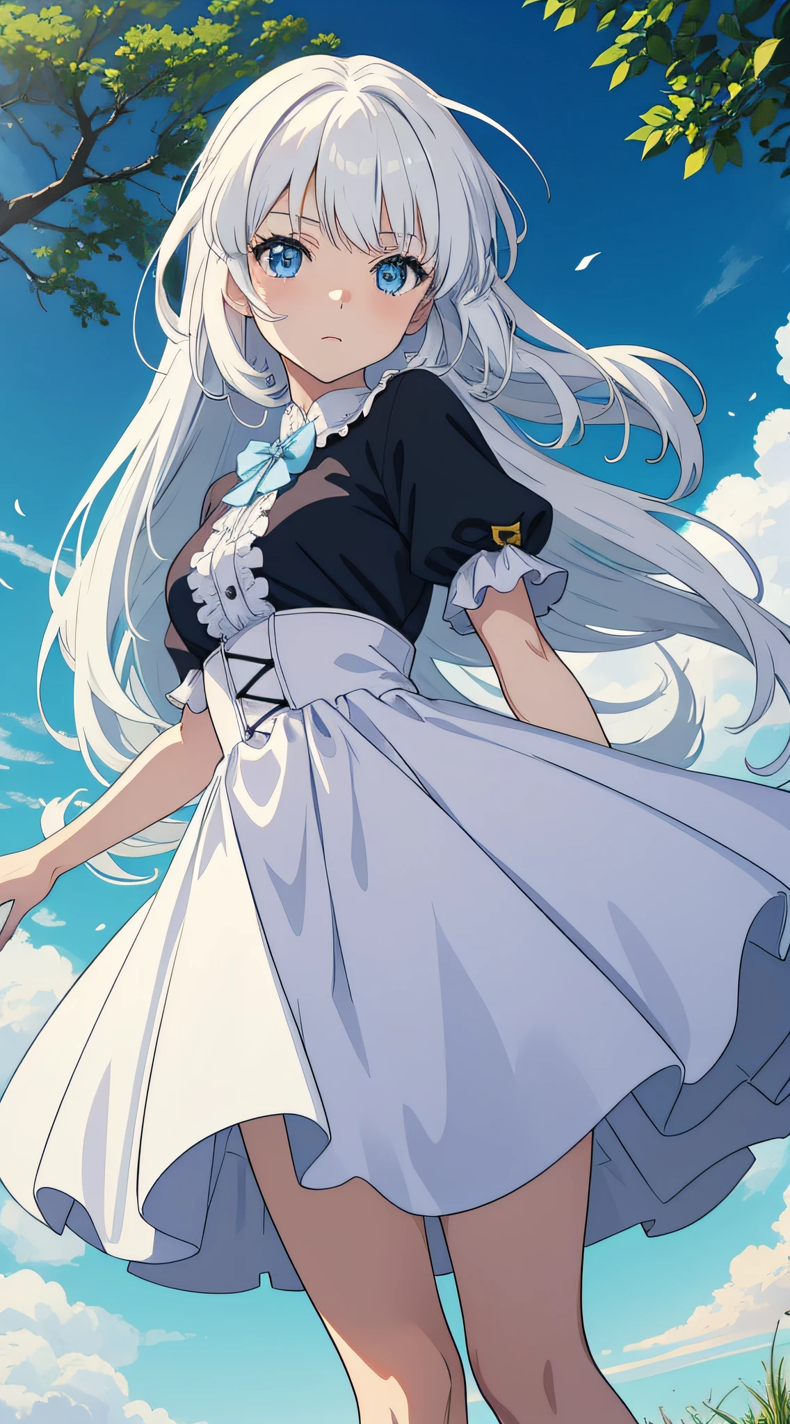 anime girl with long white hair and blue eyes in front of trees, girl with white hair, anime visual of a cute girl, perfect white haired girl, white haired, violet evergarden, white-haired, anime visual of a young woman, white haired deity, today's featured anime still, still from tv anime, still from anime, white haired lady