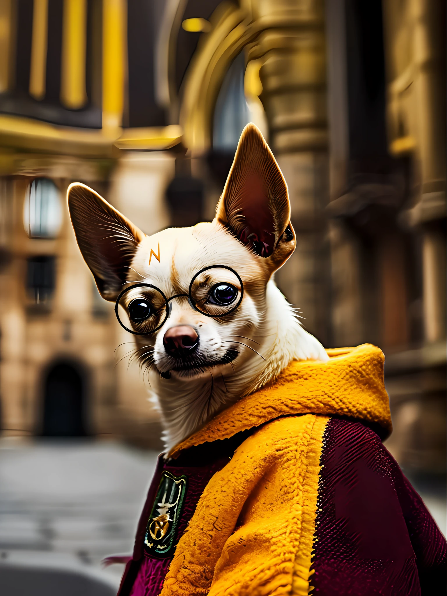 arafed chihuahua wearing glasses and a harry potter robe, Retrato de Harry Potter, Estilo Harry Potter, Retrato de Harry Potter, Usando Hogwarts!!! Vestidos!!!, Toma de retrato, Ella usa gafas de Harry Potter, vestido como un mago, Harry Potter, Gryffindor, Toma de retrato en primer plano, Foto hipperealista, wearing wizard robes, Retrato de alta calidad, Estilo Hogwarts, Harry Potter en Cyberpunk