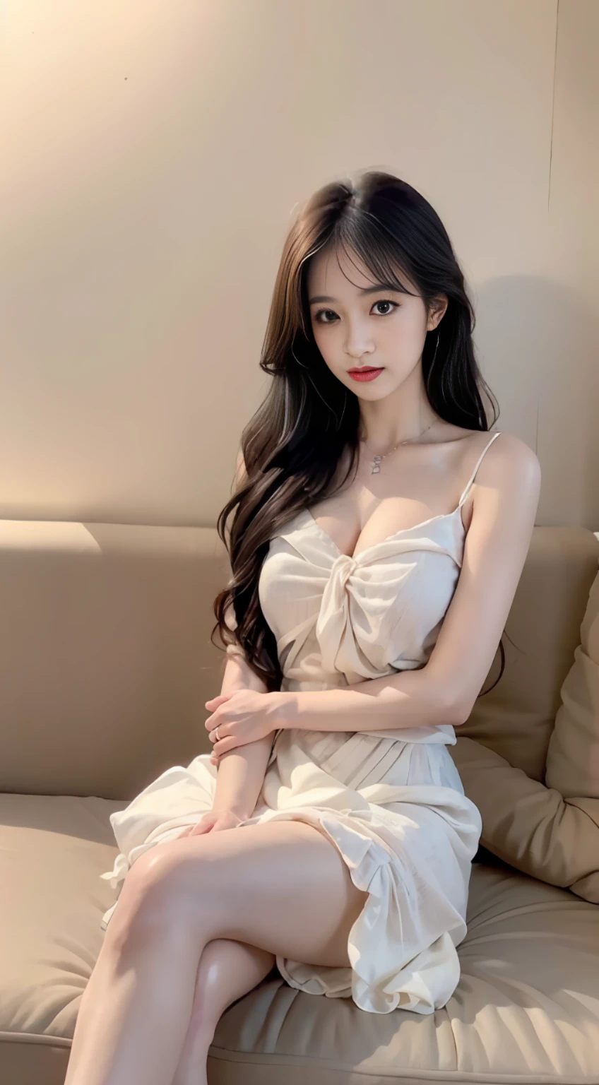 巨作, Best quality,8K, UltraHighResolution,(beautifuleyes:1.5), ((Medium view,1.5)),Light and shadow effects,The goddess hugged her legs and curled up on the sofa