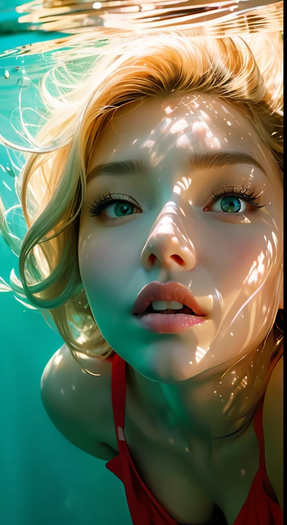((mulher loira)), rosto perfeito, olhos azuis, com red dress, lips closed , mergulho, deep underwater, break, (( blonde hair )) olhos tons azuis,