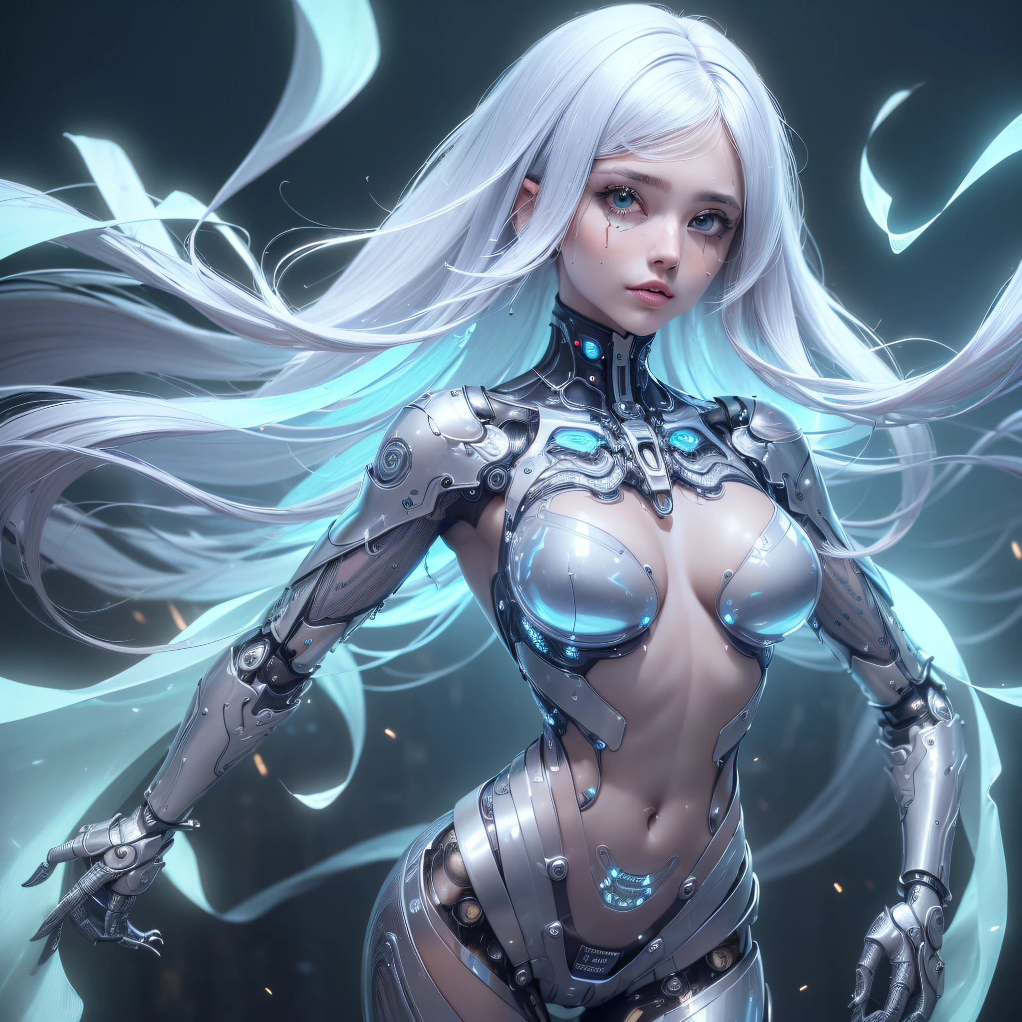 ((corpo inteiro):1.5), {((apenas uma mulher))}, is wearing {((translucent mechanical skin:1.4, with several intricate neon threads))}, {((Detailed body with metal alloys))}, olhos azuis com brilho intenso, cabelo branco logo, cidade futurista, clima de noite com luz do luar