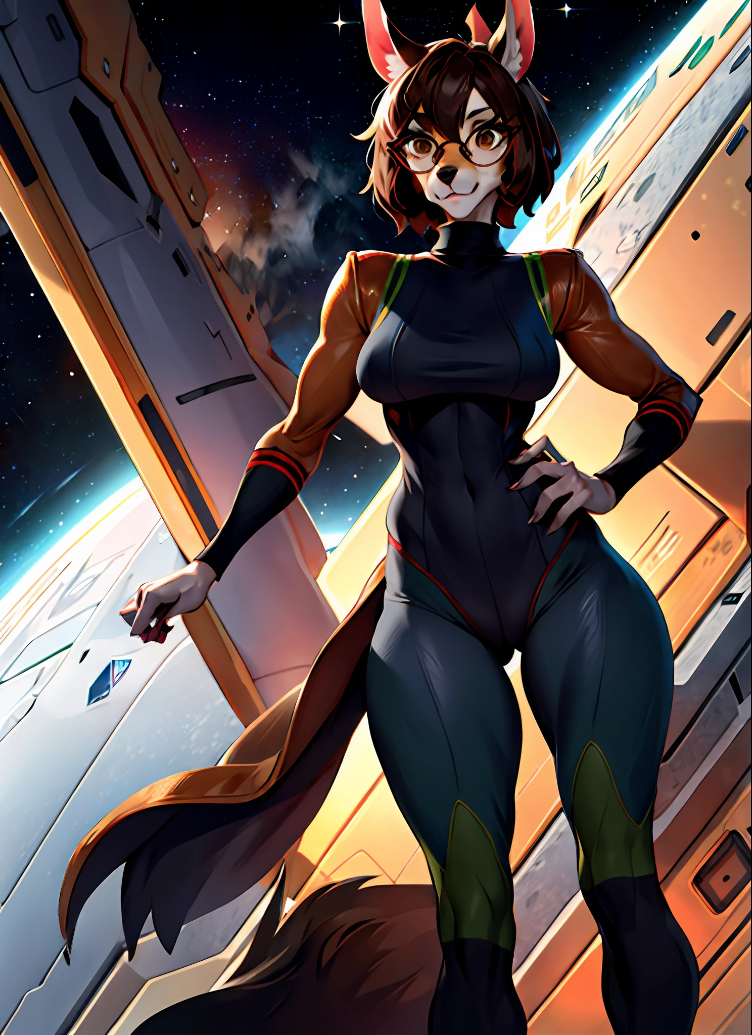 (masterpiece, best quality), solo, female, slim, medium breasts, short hair, ceasar hairstyle, ceasar cut, light brown hair, dark brown eyes, detailed eyes, glasses, tan fur, canine, long snout, snout, tall ears, uniform, green spacesuit, turtleneck, cameltoe, standing, spaceship, space, window, detailed hands