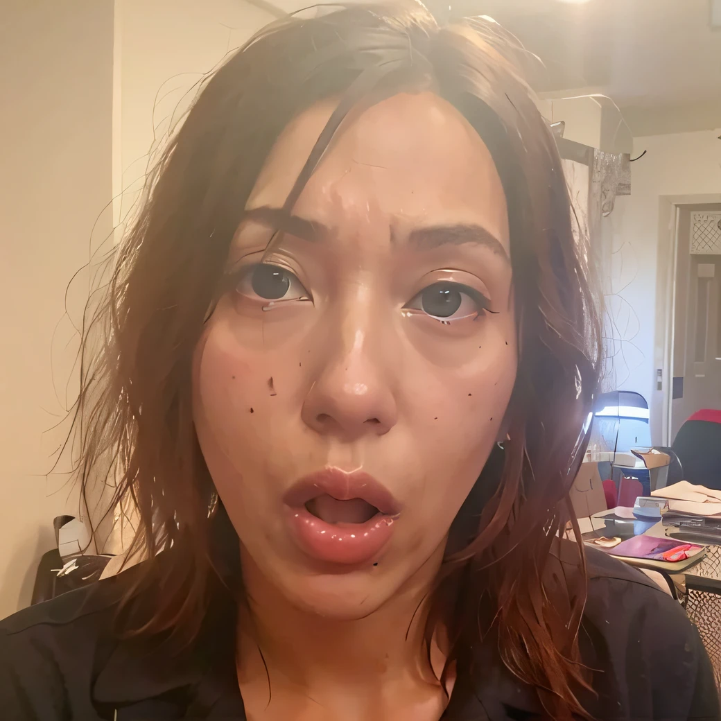 there is a woman with a red lipstick and a black shirt, inspirado em Myra Landau, mulher feia, imagem de perfil, ugly appearance, prosthetic makeup, she is facing the camera, failed cosmetic surgery, taken in the early 2020s, transformando-se em lobisomem, tired appearance, hideous appearance, 💋 💄 👠 👗, Batom vermelho no rosto