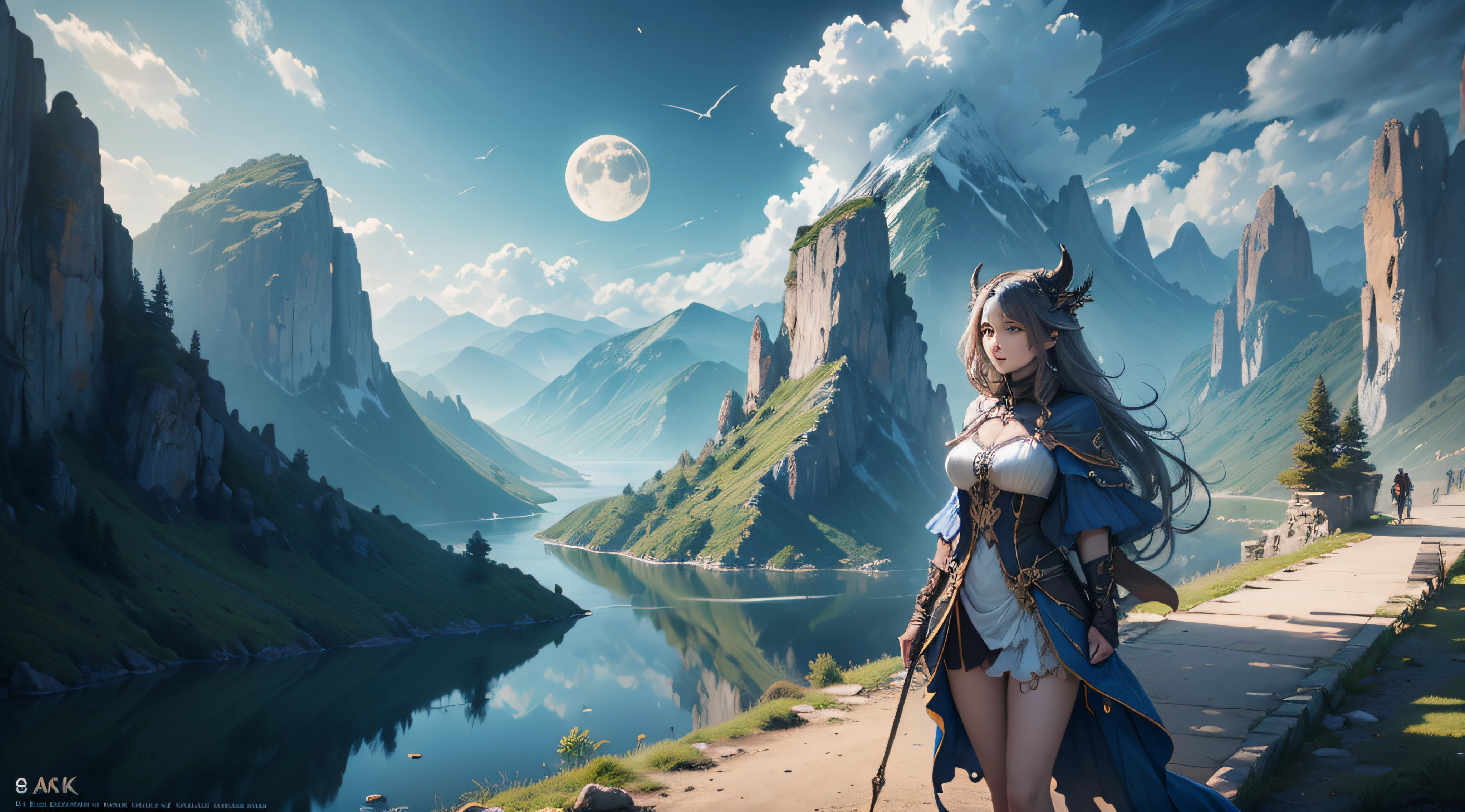 uma mulher em um vestido prateado e azul, corpo inteiro, arte de fantasia detalhada, arte de personagem impressionante, epic and exquisite character art, bela armadura da rainha, arte extremamente detalhada 8k, numa paisagem extremamente detalhada 8k, Mountains and a lake with a moon in the sky 8k, altamente detalhada 8k, --auto