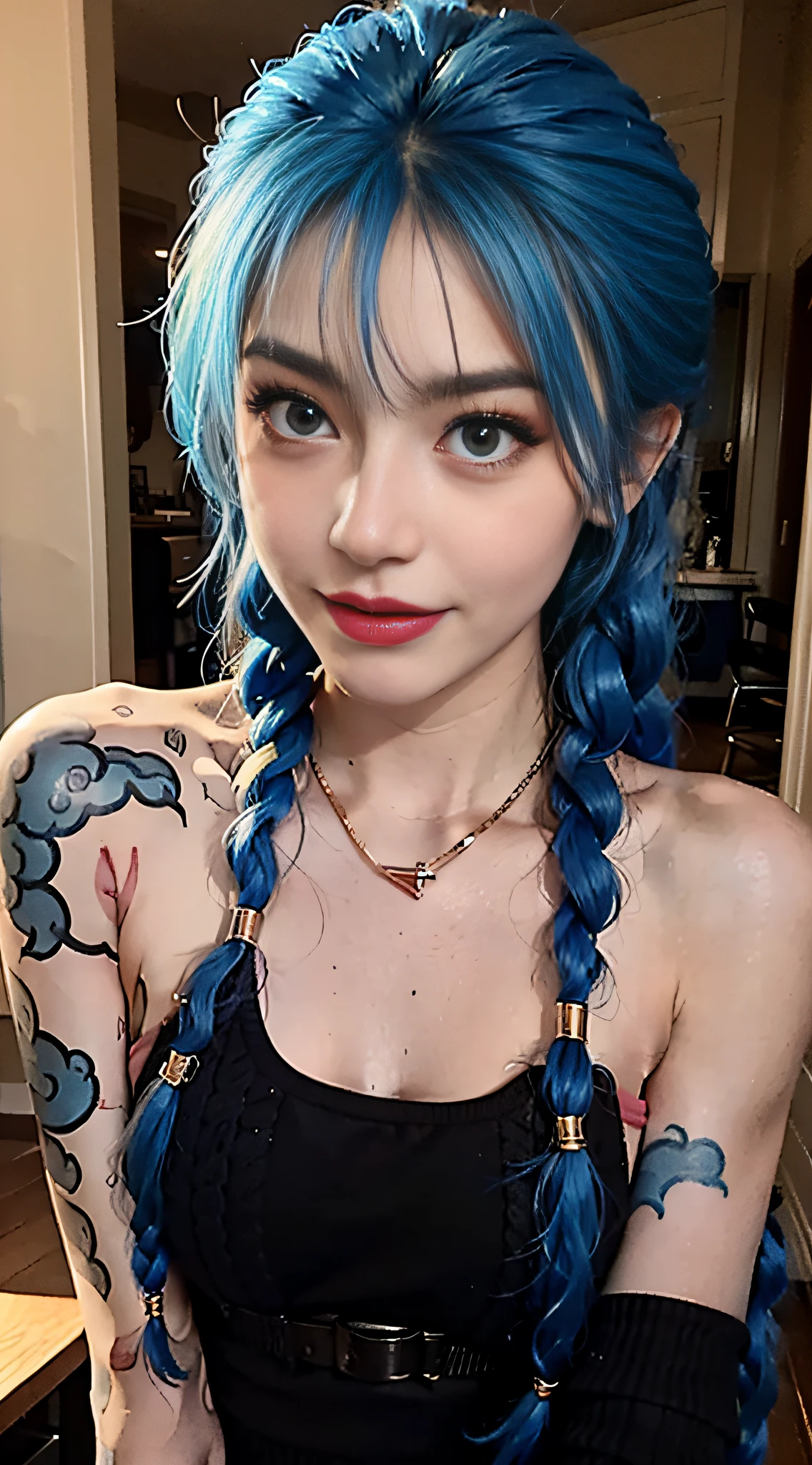 beatutiful face， sensual poses， standing alone， 1girls，Smile with， of the best quality， nmasterpiece，hair ornament， mitts，patte，blue hairs