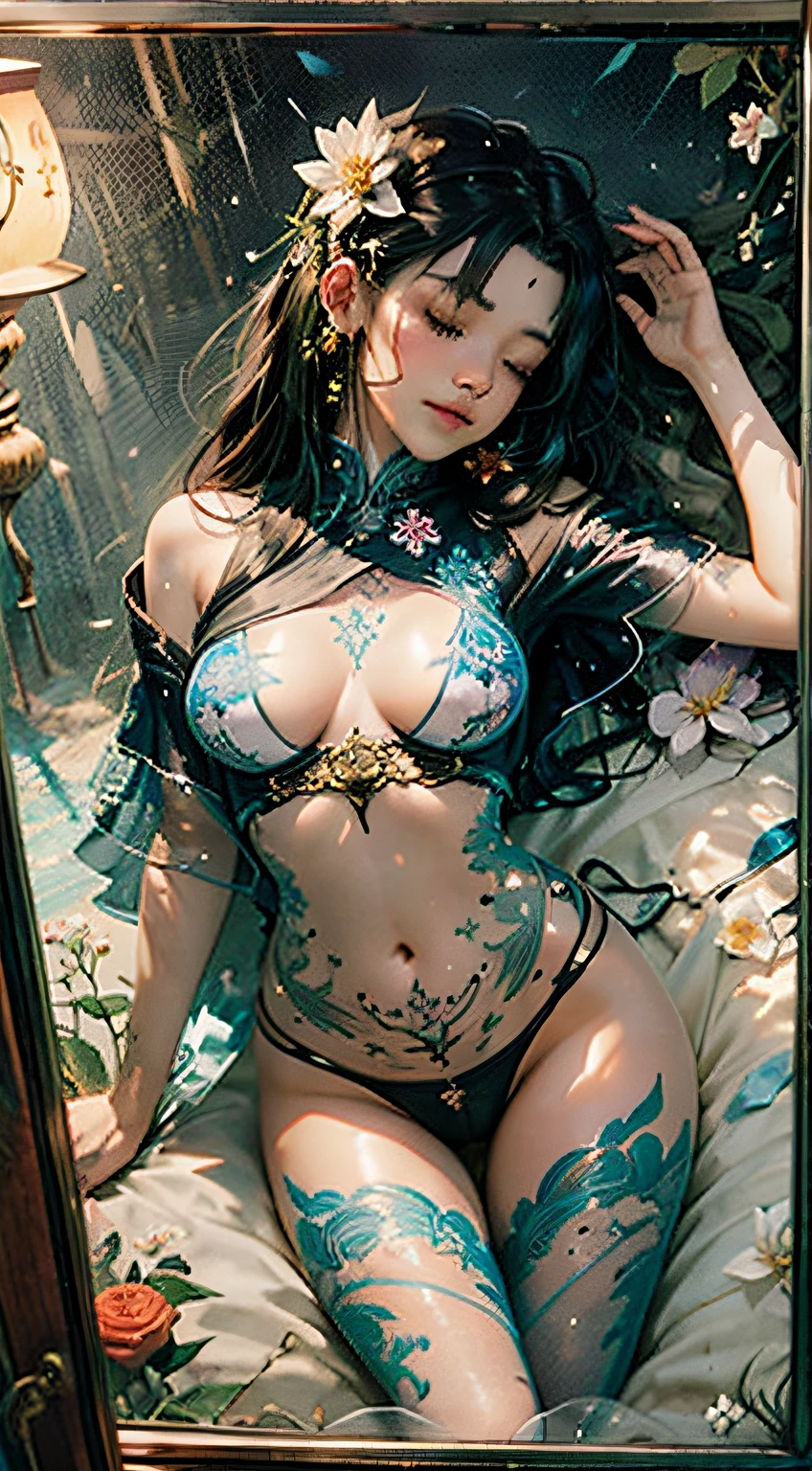 Sleeping Beauty, by Bella🦋 full body, beautiful girl sleeping, room with mirror, girl sleeping on bed and sheets, old clock and lamp on table, full body, black hair, Transparent clothing,open legs, view of pubic hair, 1 sexy girl in transparent forest clothes,exposed breasts, open transparent t-shirt,mandala and flower tattoos, La mejor calidad, Obra maestra, llustration, muy delicado y hermoso, muy detallado, CG, Unidad, Fondo de pantalla de 8k, ridiculous, huge filesize, lente muy ancha, Luz suave,Sleeping Beauty, by Bella🦋 full body, beautiful girl sleeping, full body, black hair, Transparent clothing, slight smile,, open legs, view of pubic hair, 1 sexy girl in transparent forest clothes,exposed breasts, open transparent t-shirt,mandala and flower tattoos, La mejor calidad,