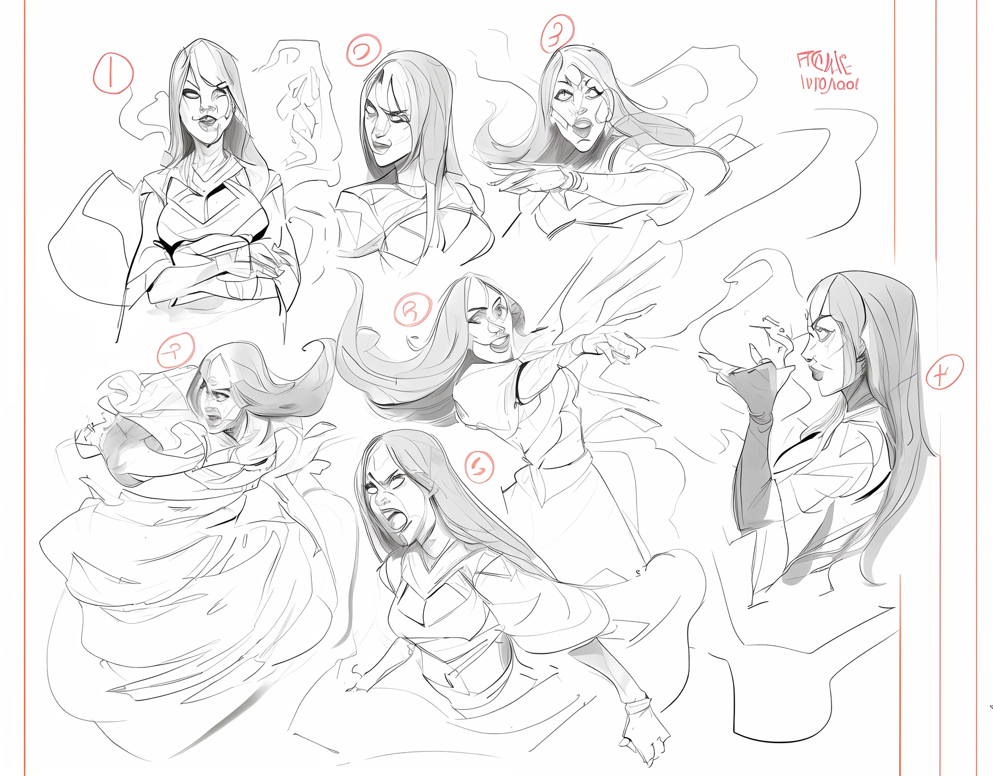 sketches of a woman in various poses with different hair styles, Poses expressivas, various action poses, arte conceitual em quadrinhos, action poses, multiple poses, closeup estilo gesto pesado, various poses, various pose, arte conceitual emocional, diferentes Poses, dynamic action poses, pose dinamica, desenho gestual, dramatic poses, animation portrait concept art, Expressions, sketches, comic character design, Poses