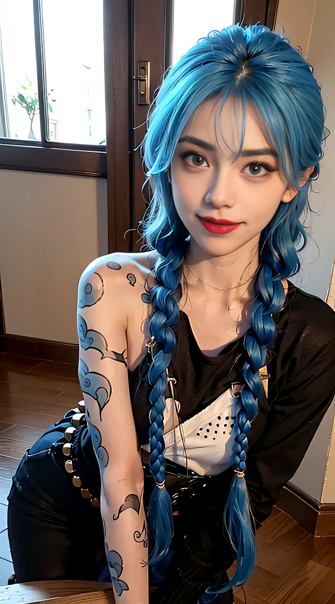 beatutiful face, sensual poses, standing alone, 1girls,Smile with, of the best quality, nmasterpiece,hair ornament, mitts,patte,blue hairs