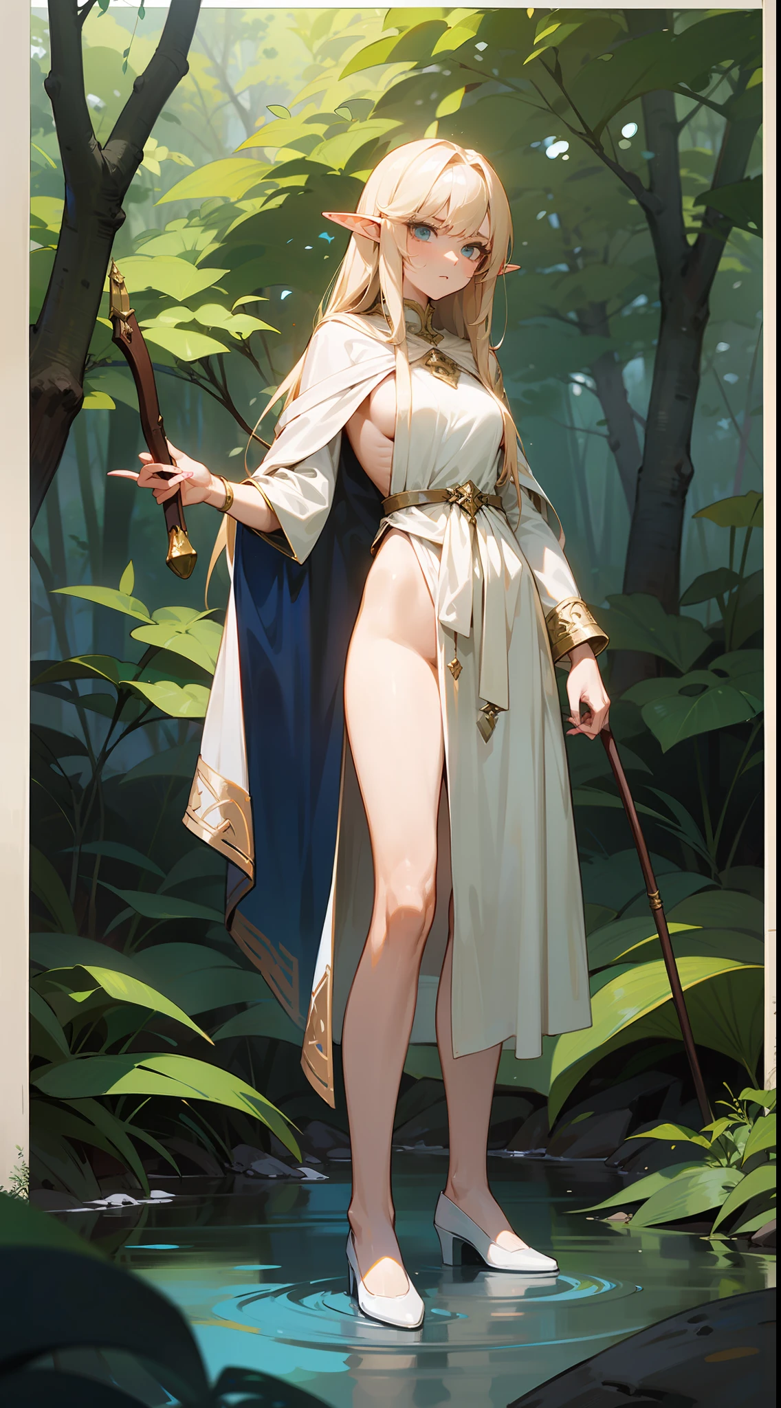 （Elven Maiden）（The expression is serious）（（cyanhair））（（Go naked））（Cloaked）Domineering，Standing in a creek in the forest，Holding a curved bow