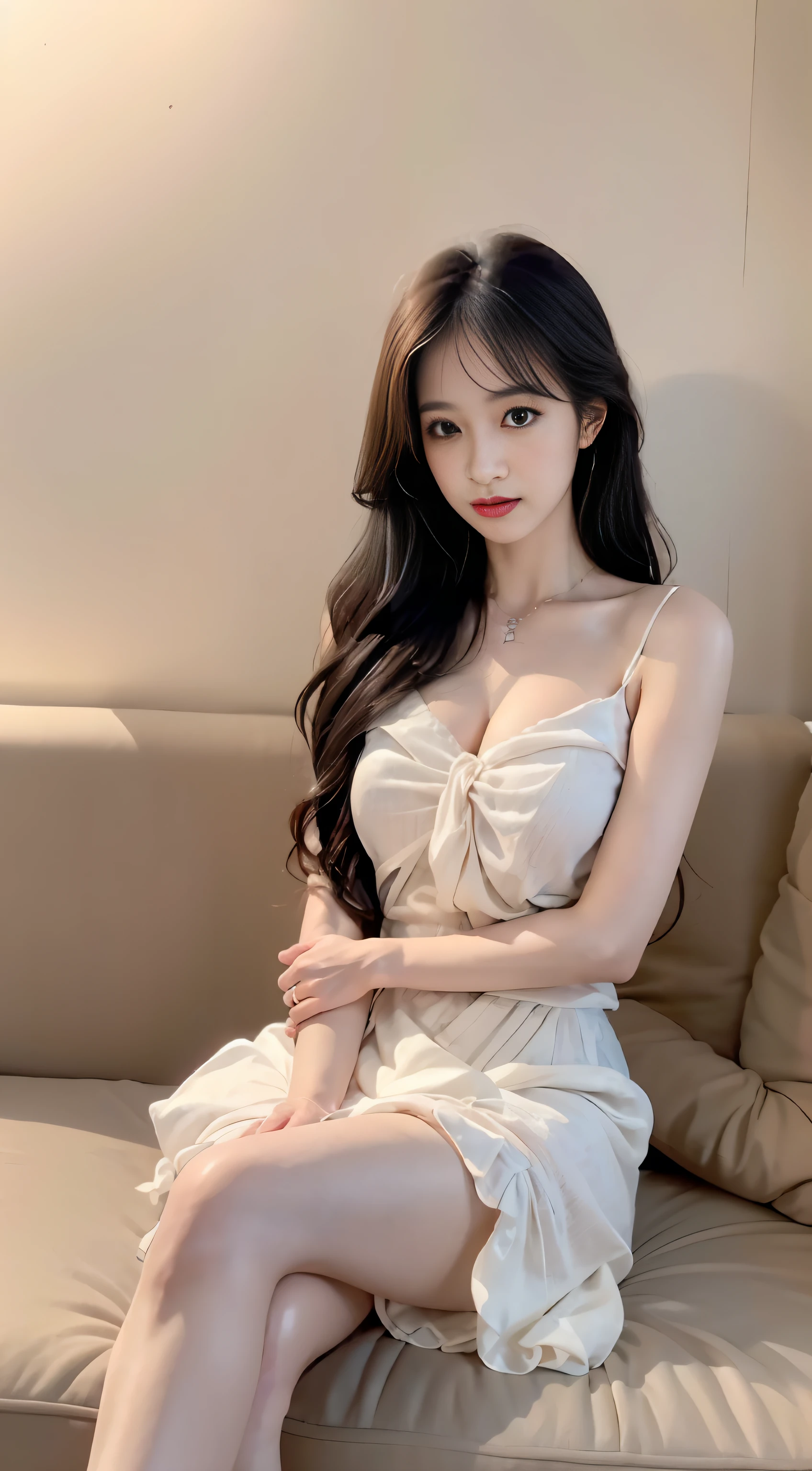 巨作, Best quality,8K, UltraHighResolution,(beautifuleyes:1.5), ((Medium view,1.5)),Light and shadow effects,The goddess hugged her legs and curled up on the sofa