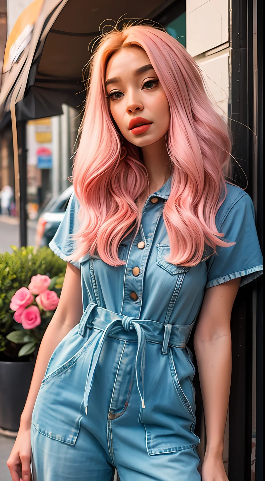1garota com blusa rosa, denim jumpsuit, seios fartos, cabelo curto