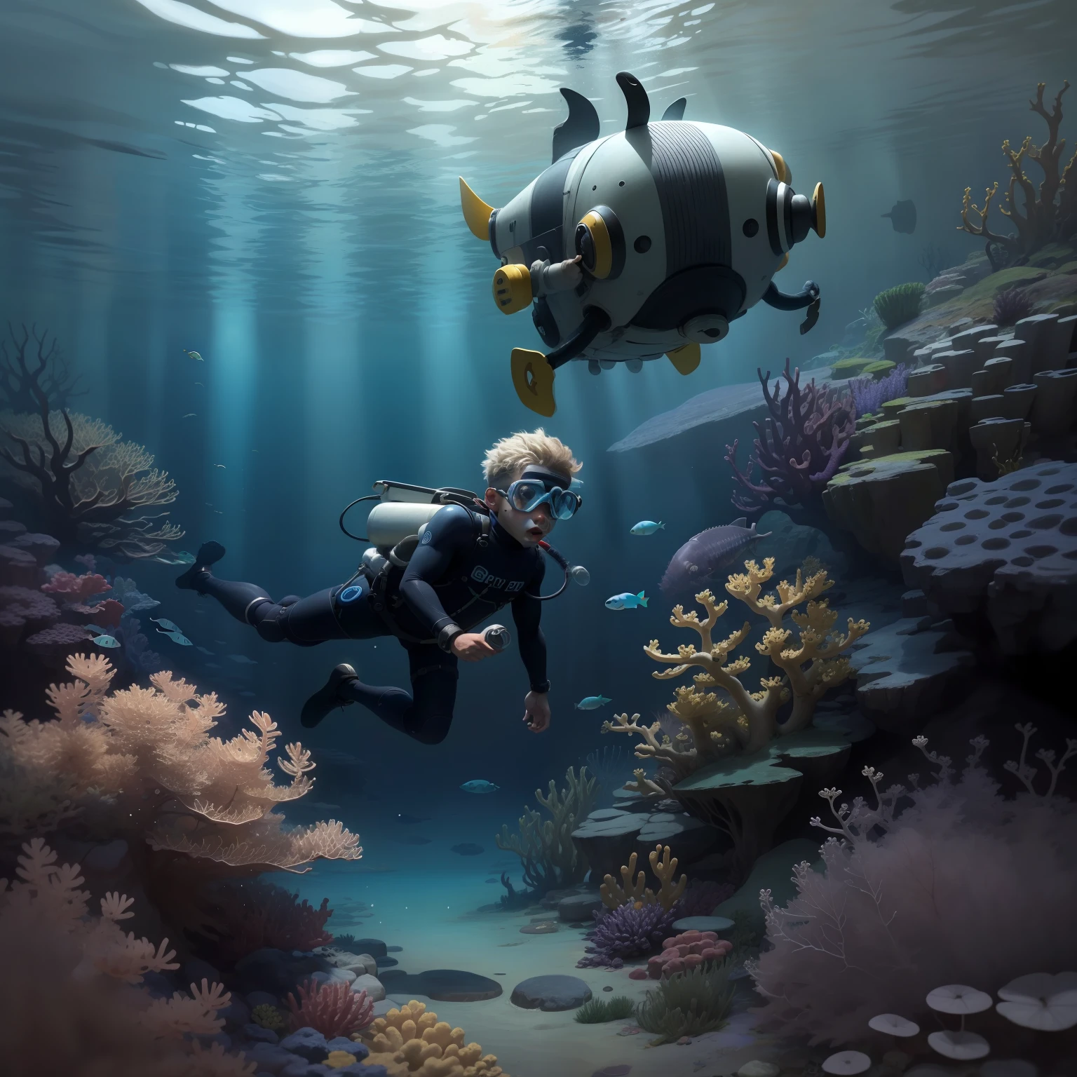 a , at the bottom of the sea in a diving suit