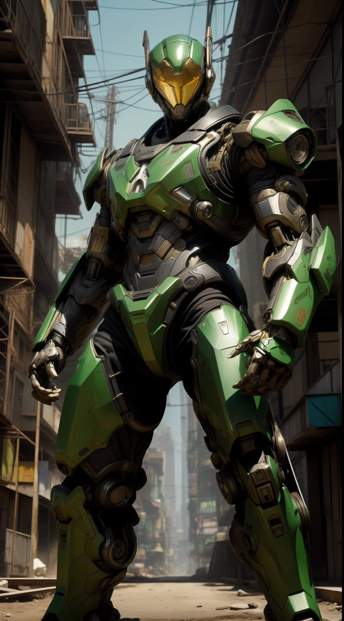 Escuro_fantasia,Cyberpunk,(motosserra,homem da motosserra,verde: 1.1),1 homem,mechanical marvel,robotic presence,cybernetic guardian, wearing a worn mechanical suit, intrincado, (steel metal [enferrujado]), elegante, Foco claro , Filmado por Greg Rutkowski, gentle lighting, cores vibrantes, obra-prima, ((rua)), Tiroteio de Cowboy, dinamic pose, -- seed 1051427031