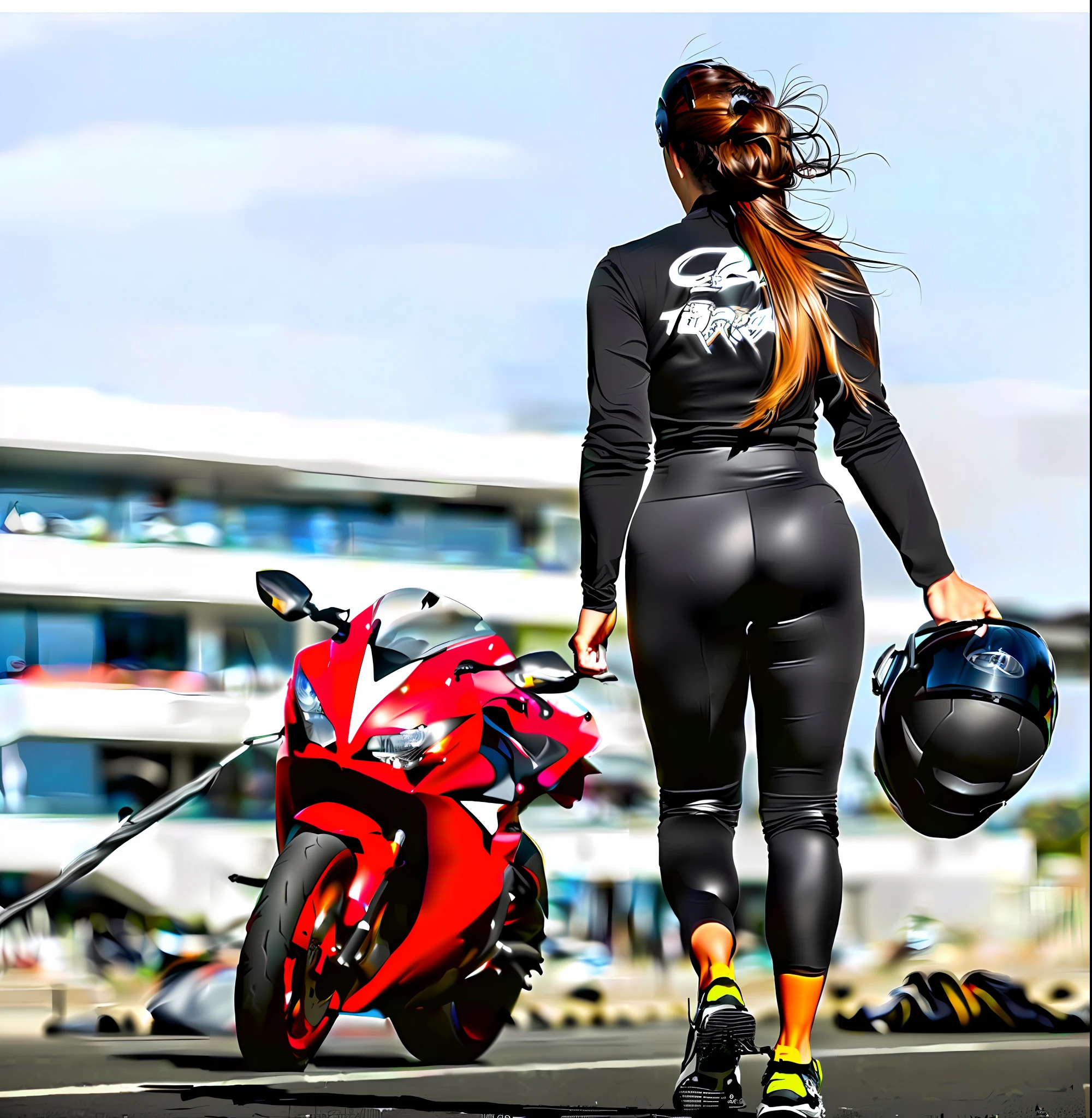 Mujer con culo perfecto, con un traje de latex negro brillante y un casco camina por la calle, Foto de una motera, Usar ropa negra brillante muy ajustada, Caroline Gariba, motociclista, photograph of a techwear woman, CR3, Ropa de cuero ajustada, moto, en una pista de carreras, photo from the back, con un Traje de gato negro, Vestido con cuero motero