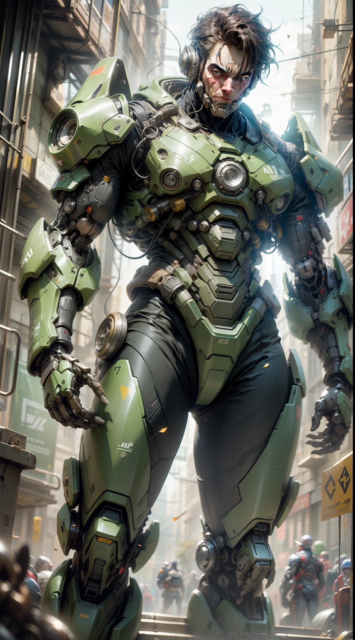 Dark_Fantasy,Cyberpunk,(motosserra,homem da motosserra,verde: 1.1),1man,mechanical marvel,robotic presence,cybernetic guardian, wearing a worn mechanical suit, intrincado, (steel metal [enferrujado]), elegante, foco claro , filmado por greg rutkowski, gentle lighting, cores vibrantes, obra-prima, ((rua)), tiro de cowboy, dinamic pose, --s seed 1051427031