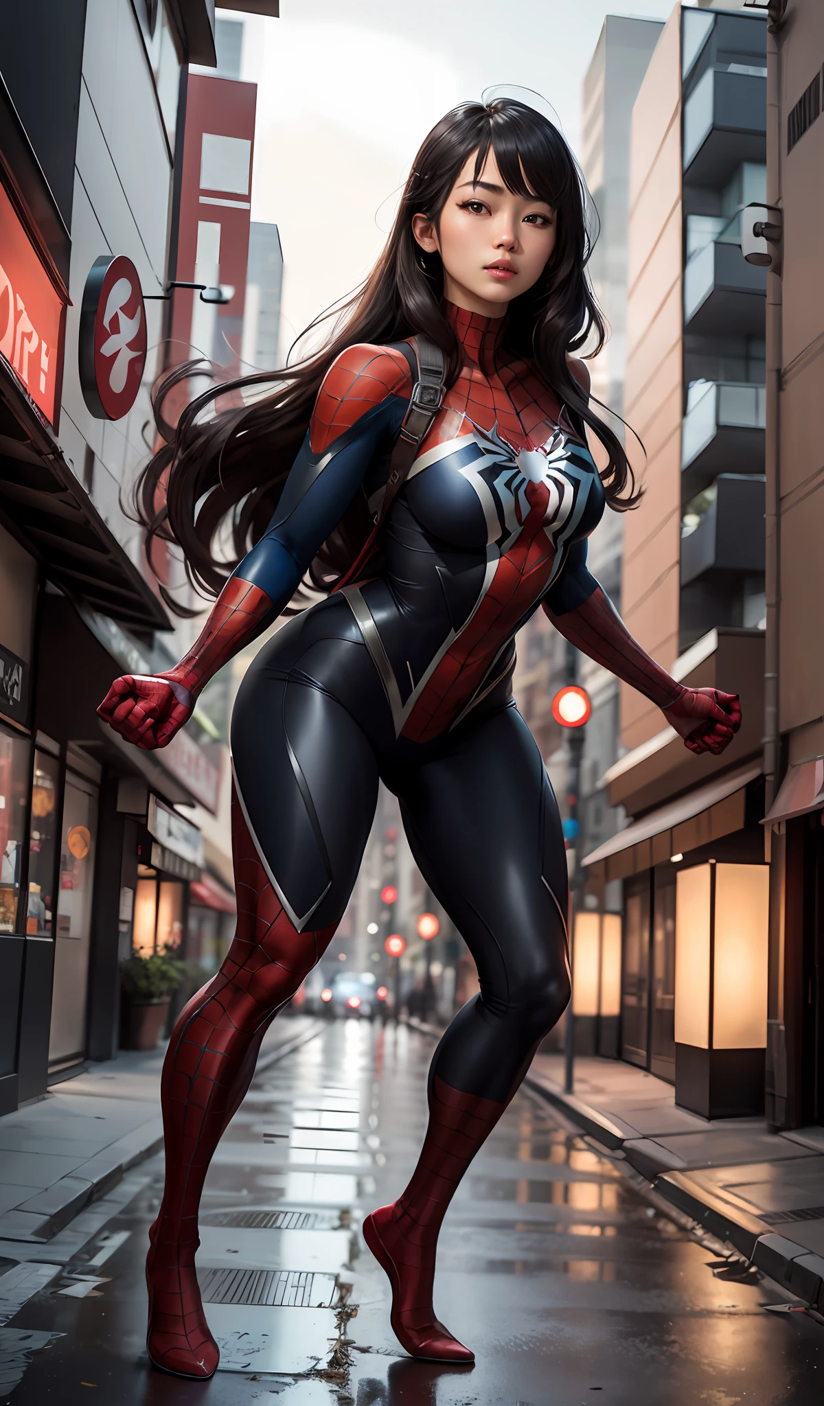 4k, realistic, charismatic, very detail, there is a girl on top city, wearing spiderman costume, she is a spiderman, white super hero theme, japanese woman, black long hair, hime-style bangs, dark brown eyes, 25 years old, full body
