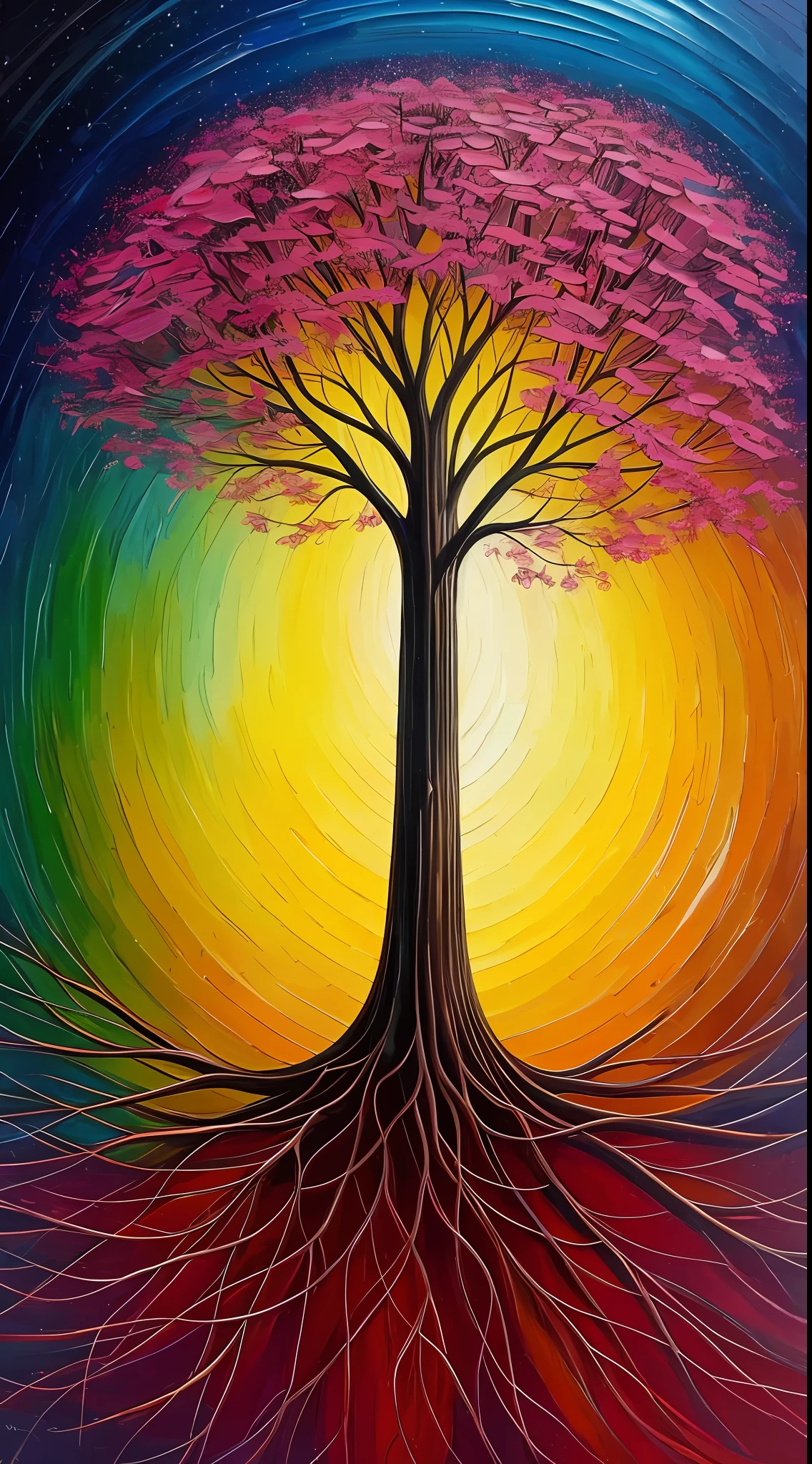 Beautiful oil painting with thick brush strokes of the colorful roots of the tree of life color, love, passion, oil on canvas, thick brushstrokes, insanely detailed, 8k uhd, masterpiece, artstation, surreal