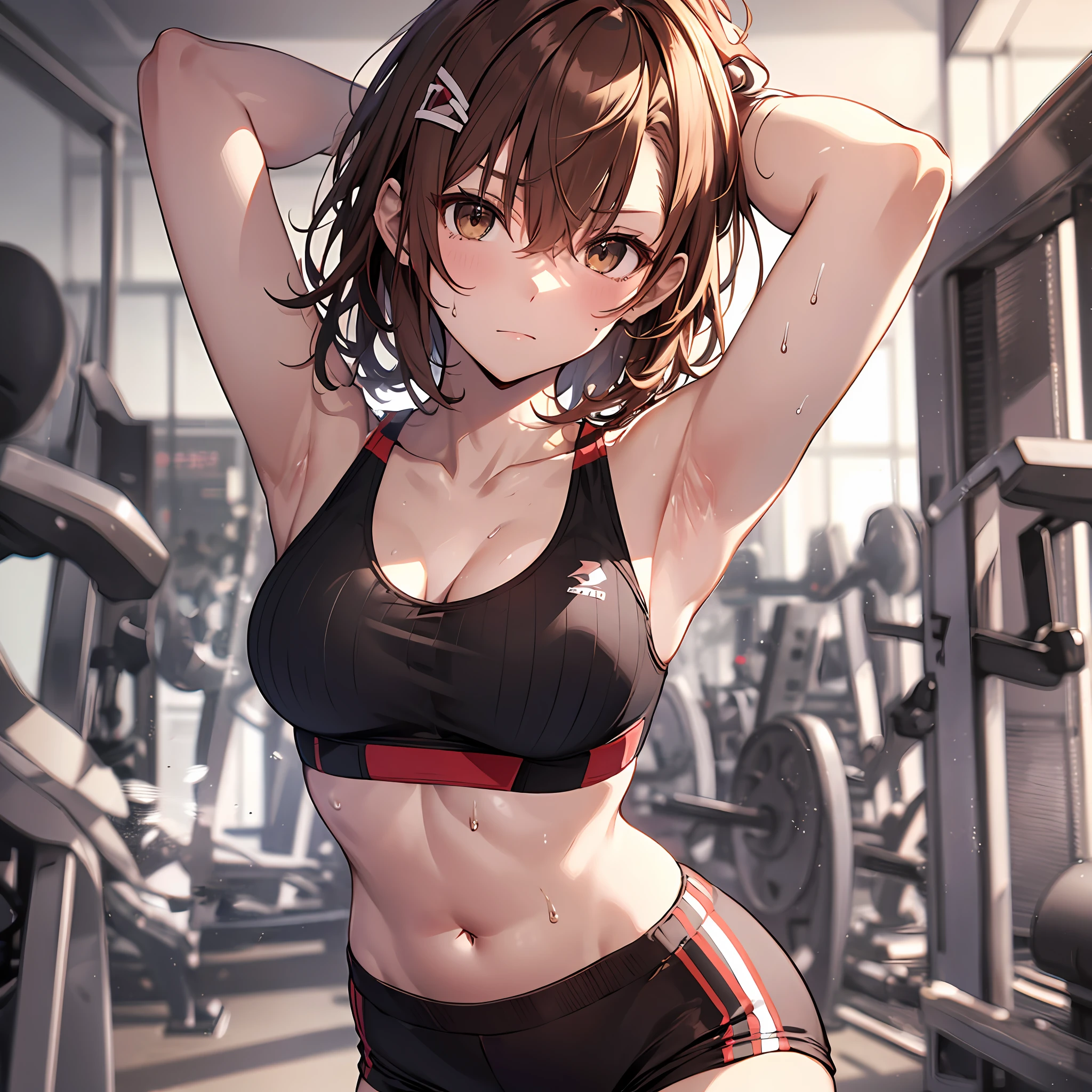 A masterpice, 4K, of the best quality, Misaka_mikoto　ribbon from, Sports Bra, Latex Shorts, are standing, arms folded,、cool expression　Beautiful gym, brown-eyed, Short_hair, Small_Breast, looking at the viewers　Heavy sweat