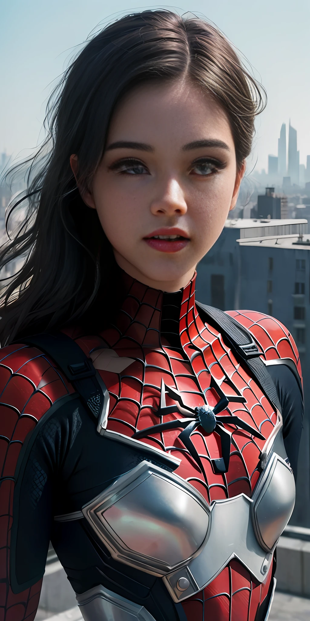 (1girl:1.3), Solo, (((Very detailed face)))), ((Very detailed eyes and face)))), Beautiful detail eyes, Body parts__, Official art, 8k unified wallpaper, Super detailed, beautiful and beautiful, beautiful, masterpiece, best quality, original, masterpiece, super thin photo, best quality, super high resolution, realistic realism, sunlight, full body portrait, amazing beauty, dynamic pose, delicate face,  vibrant eyes, (from the front), He wears Spider-Man suit, red and black color scheme, spider, very detailed city roof background, roof, with city view, detailed face, detailed complex busy background, messy, gorgeous, milky white, highly detailed skin, realistic skin details, visible pores, clear focus, volumetric mist, 8k uhd, DSLR, high quality,  film grain, light skin, photographic realism, lomography, futuristic dystopian megalopolis, translucent