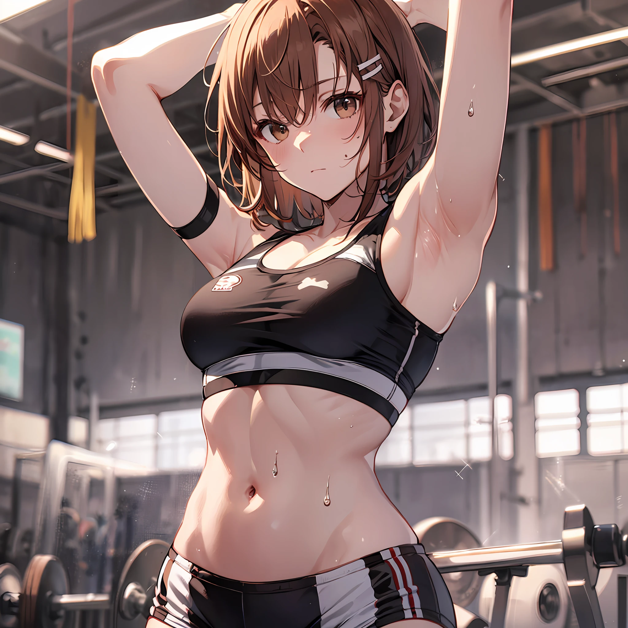 A masterpice, 4K, of the best quality, Misaka_mikoto ribbon from, Sports Bra, Latex Shorts, are standing, arms folded,、cool expression Beautiful gym, brown-eyed, Short_hair, Small_Breast, looking at the viewers Heavy sweat